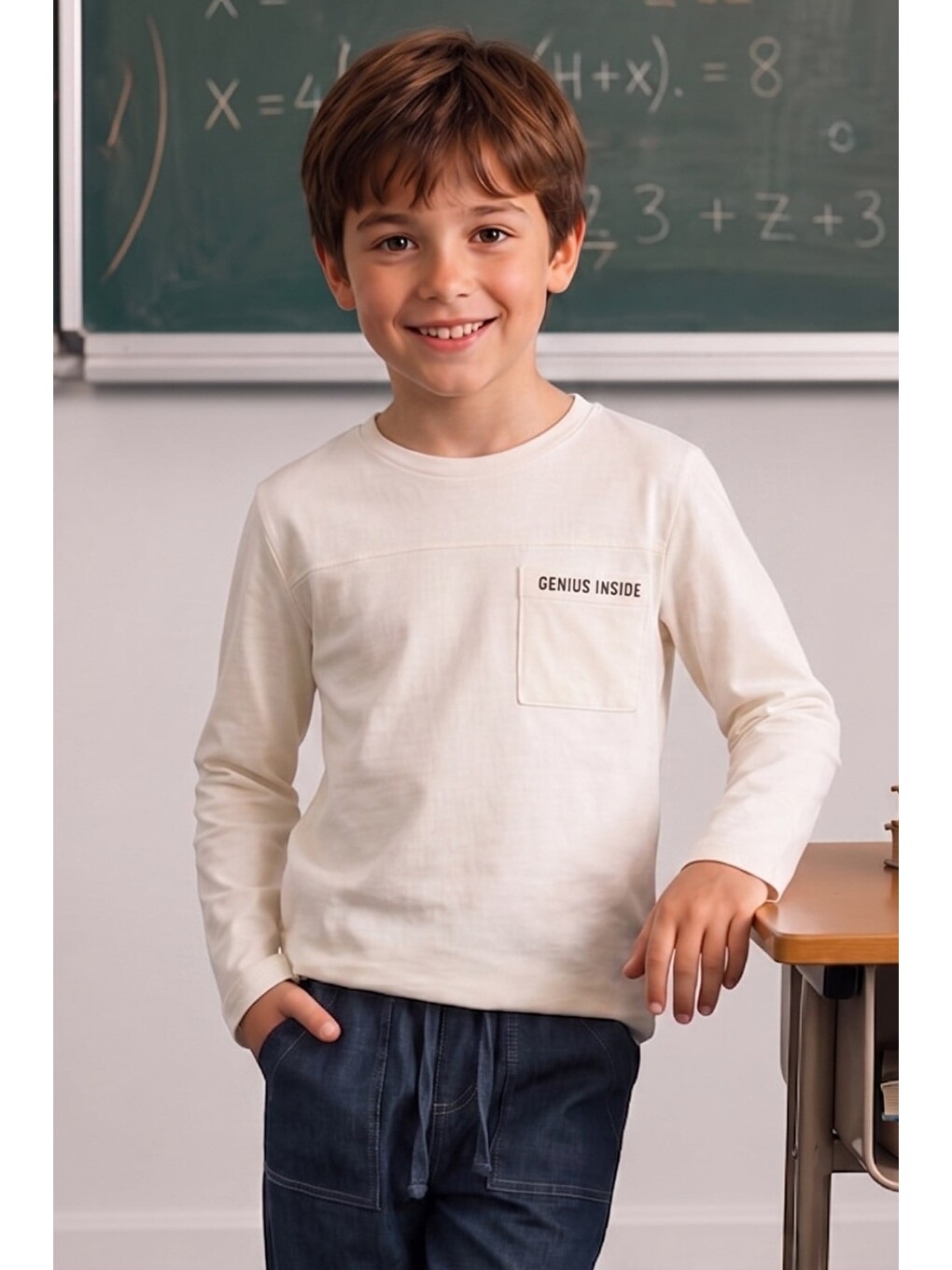 Erkek Çocuk Baskılı Uzun Kol T-Shirt - Bej-1