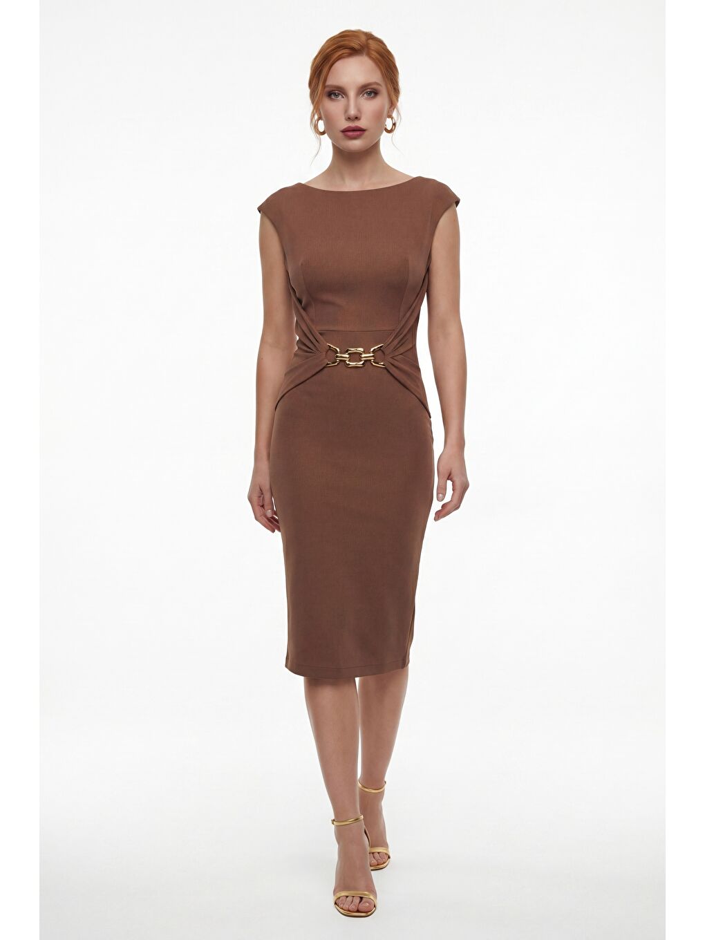 Kadın Kahverengi Bisiklet Yaka Aksesuar Detay Midi Davet Elbisesi
