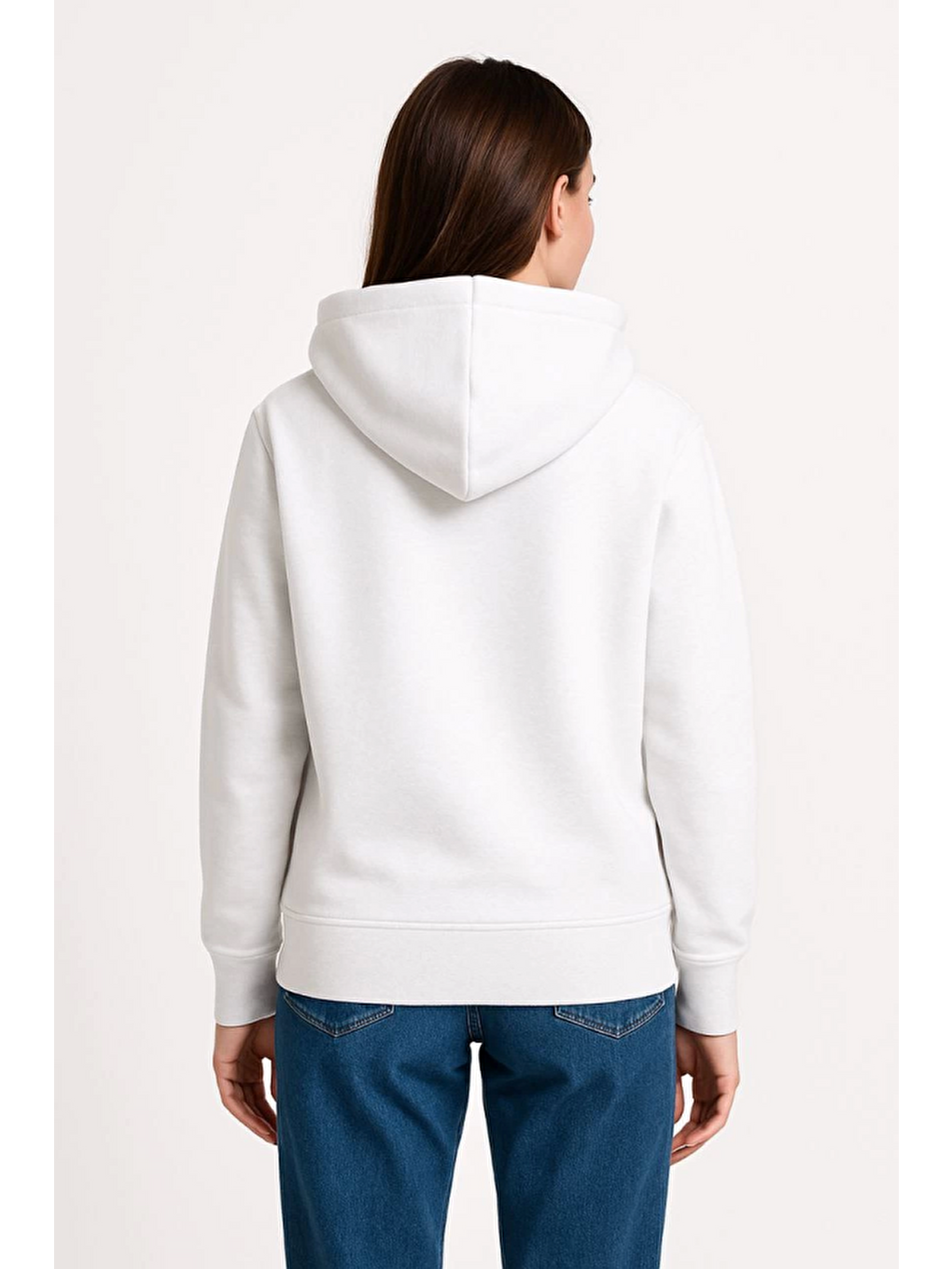 Üç İplik Kapüşonlu Kanguru Çepli Sweatshirt Hoodie - Beyaz-1