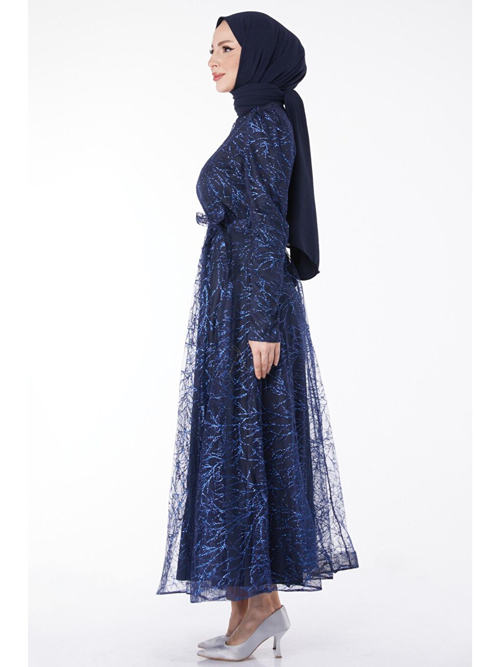 Düz Hakim Yaka Kadın Lacivert Işıltılı Simli Abiye Elbise - 24822-3