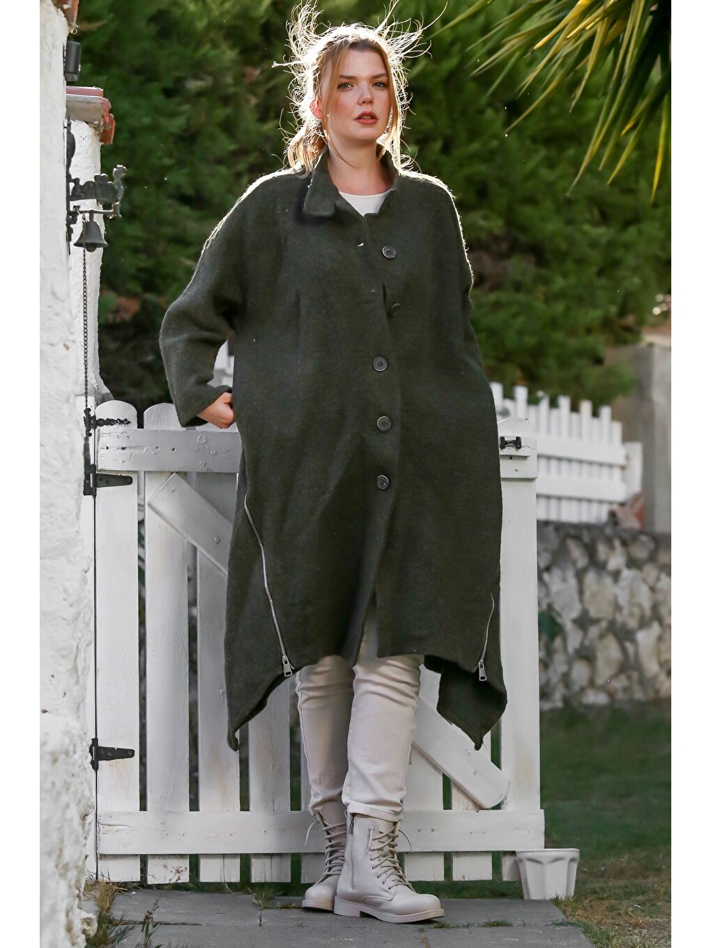 İtalyan Haki Hakim Yaka Uzun Kol Fermuarlı Gizli Cepli Kaşe Oversize Dokuma Kaban 105 70-6