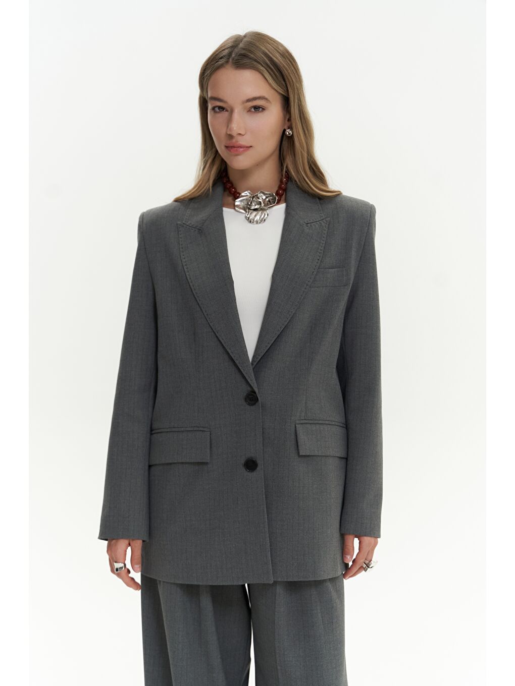 Gri Jessical Çizgili Füme Blazer