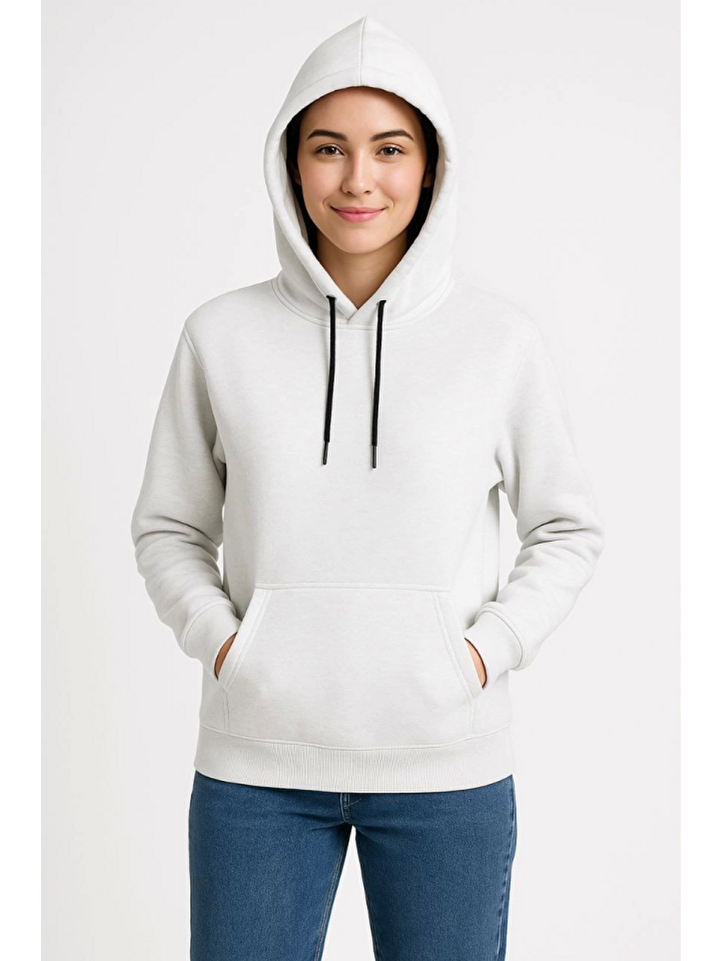 Üç İplik Kapüşonlu Kanguru Çepli Sweatshirt Hoodie - Beyaz-2