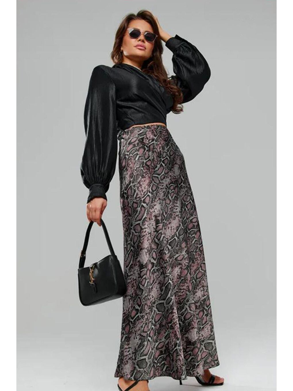 Lila Desenli Saten Kadın Uzun Etek Mg2333-6