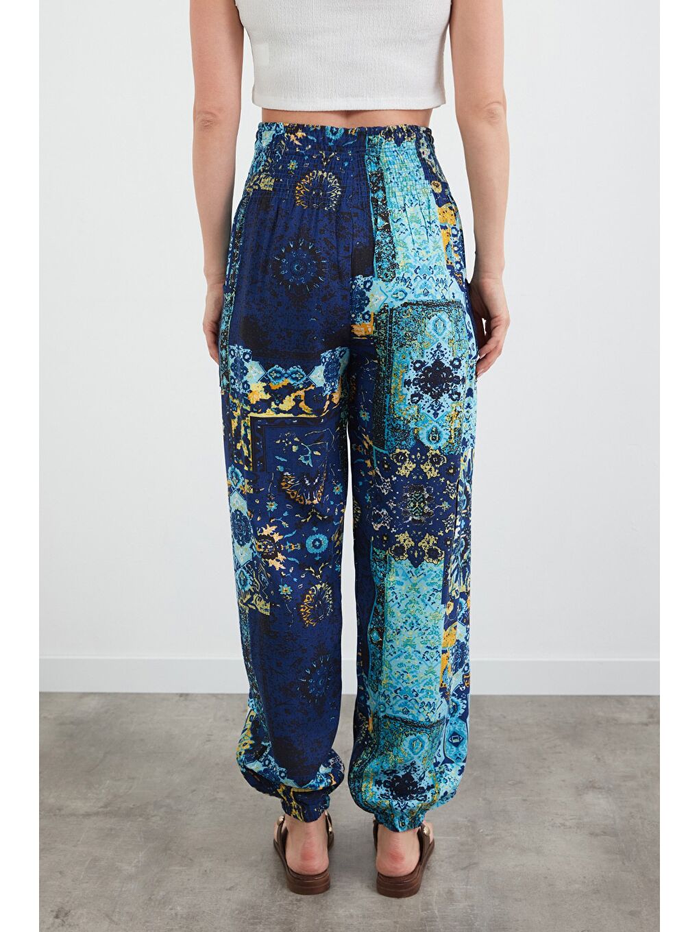 Lacivert Etnik Desenli Beli Gipeli Şalvar Pantolon-3