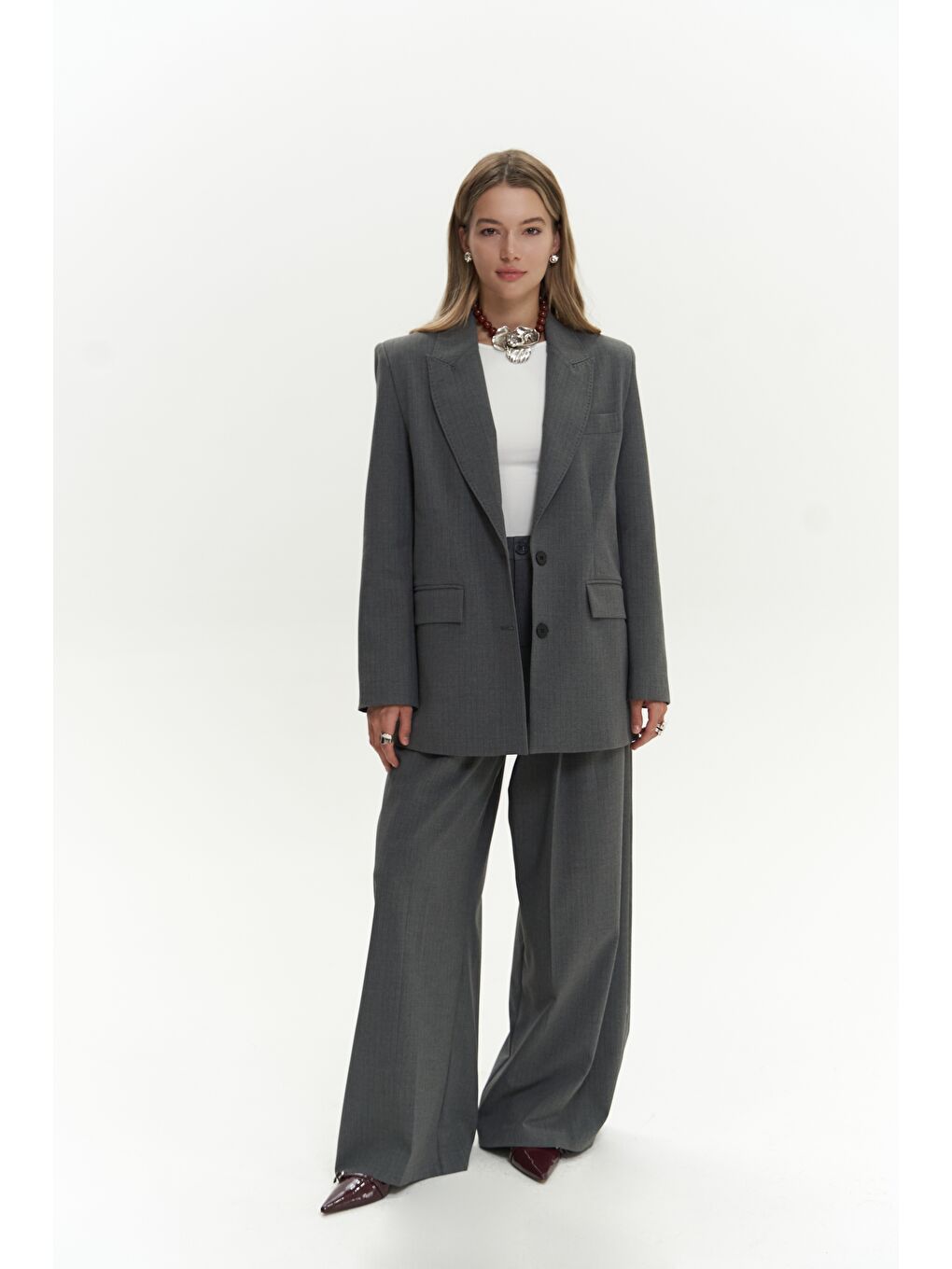 Gri Jessical Çizgili Füme Blazer-1