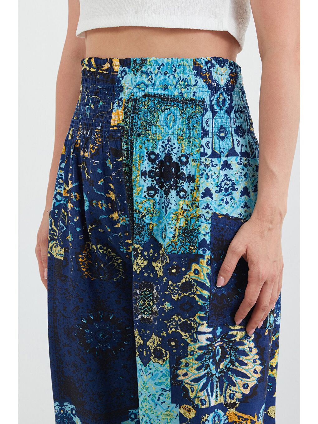 Lacivert Etnik Desenli Beli Gipeli Şalvar Pantolon-4