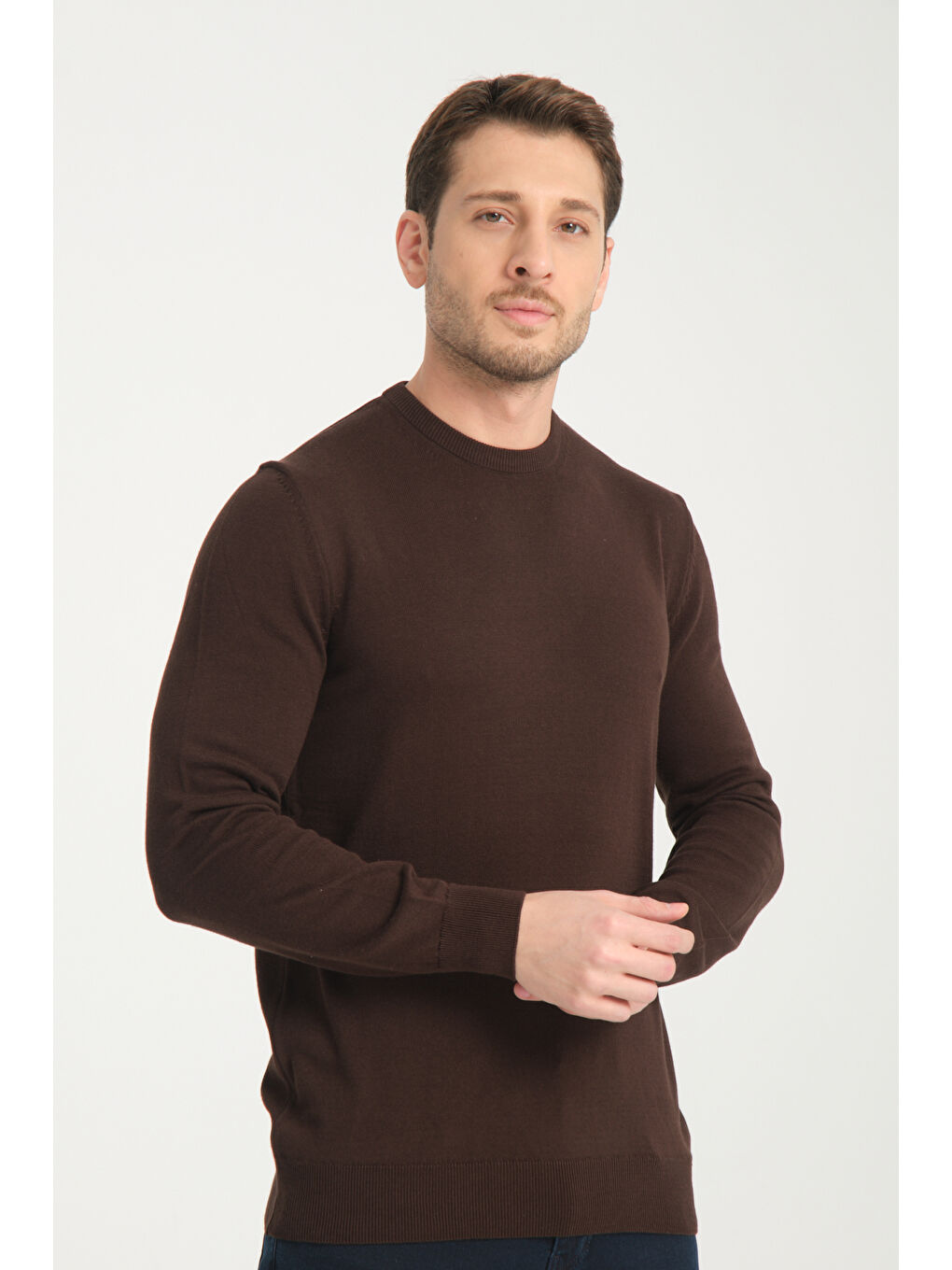 Kahverengi Bisiklet Yaka Erkek %100 Pamuk Kazak 1001-4