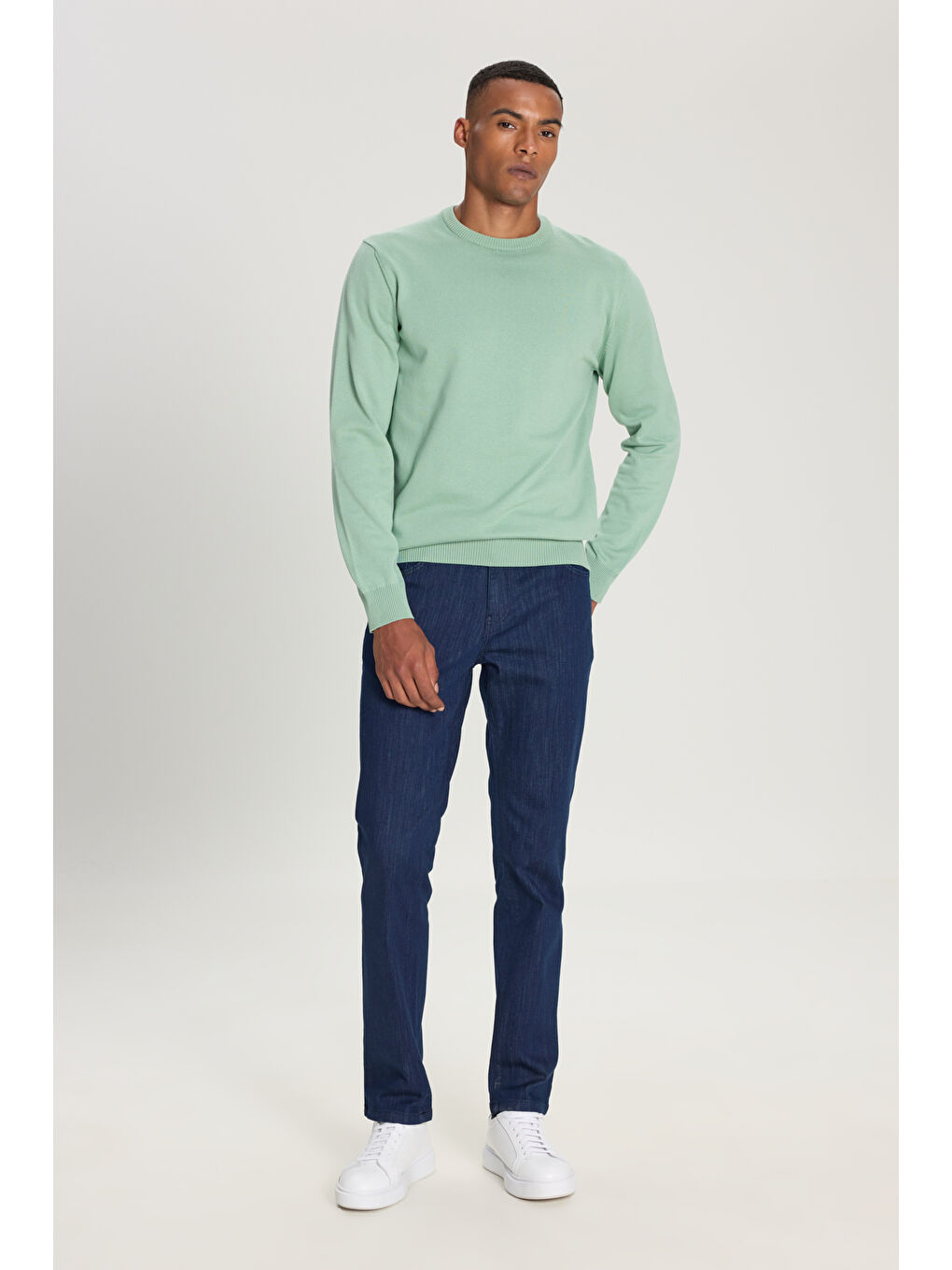 Erkek Su Yeşili Pamuklu Standart Fit Normal Kesim Bisiklet Yaka Triko Kazak-1