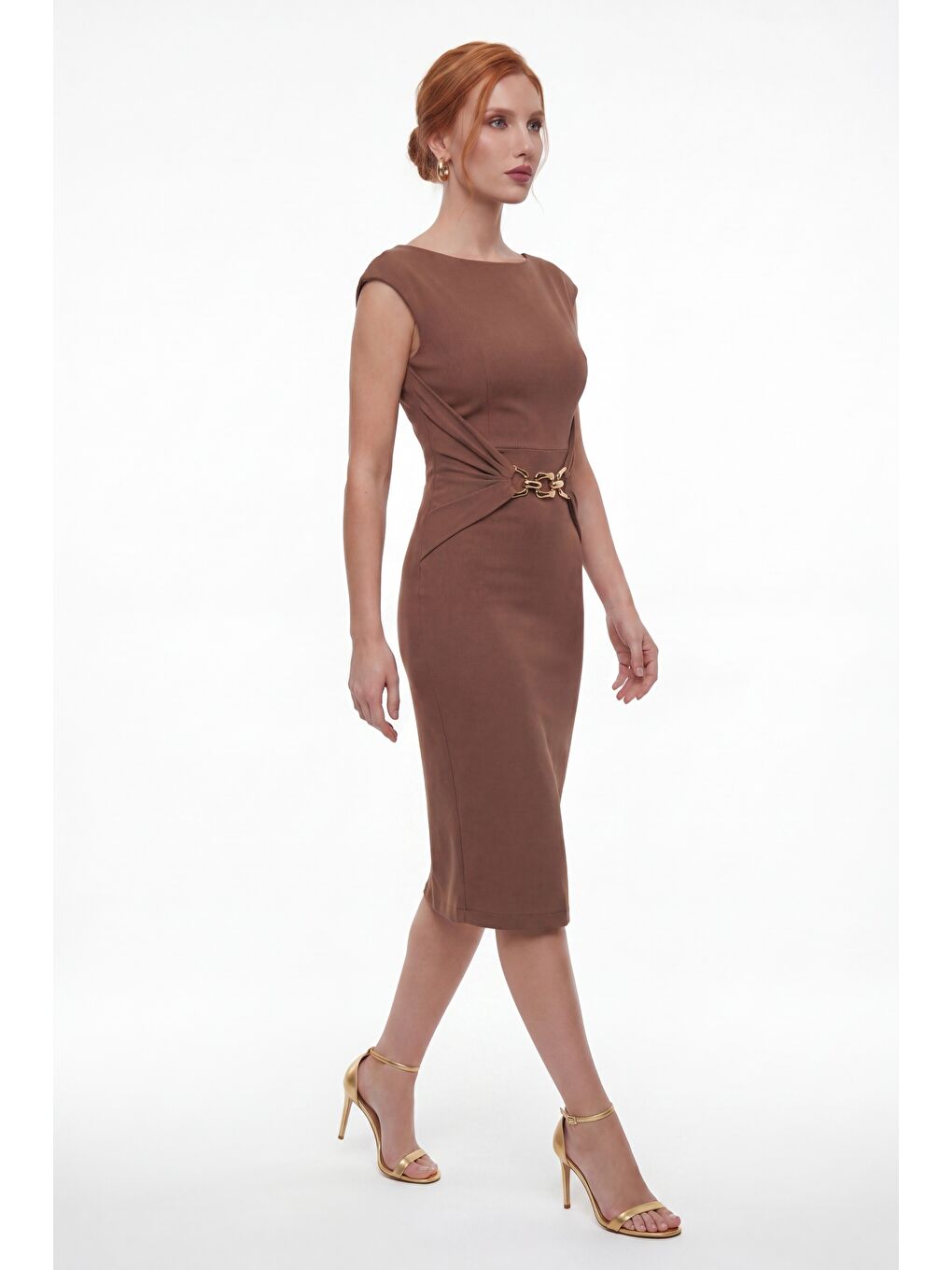 Kadın Kahverengi Bisiklet Yaka Aksesuar Detay Midi Davet Elbisesi-1