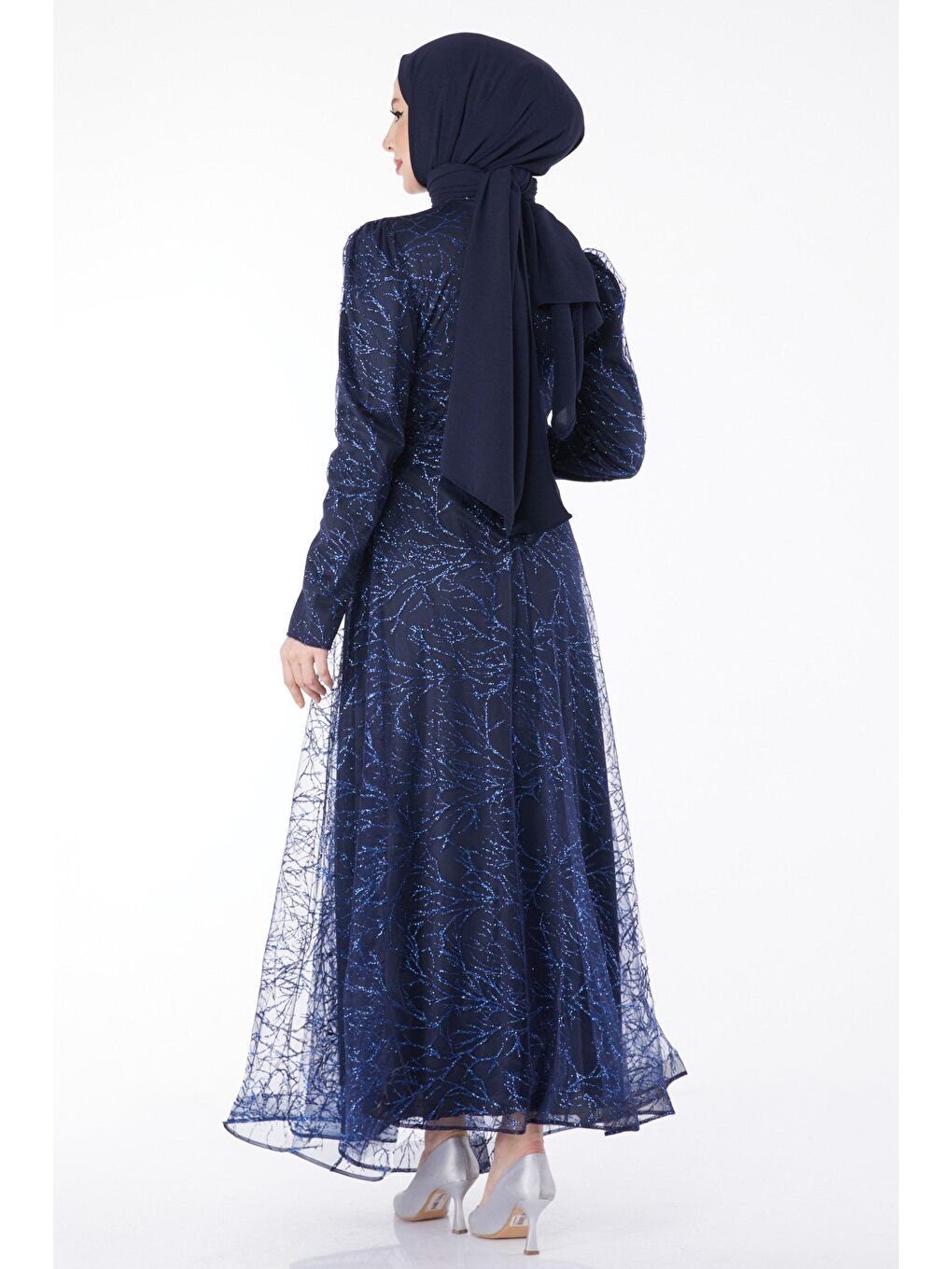 Düz Hakim Yaka Kadın Lacivert Işıltılı Simli Abiye Elbise - 24822-4