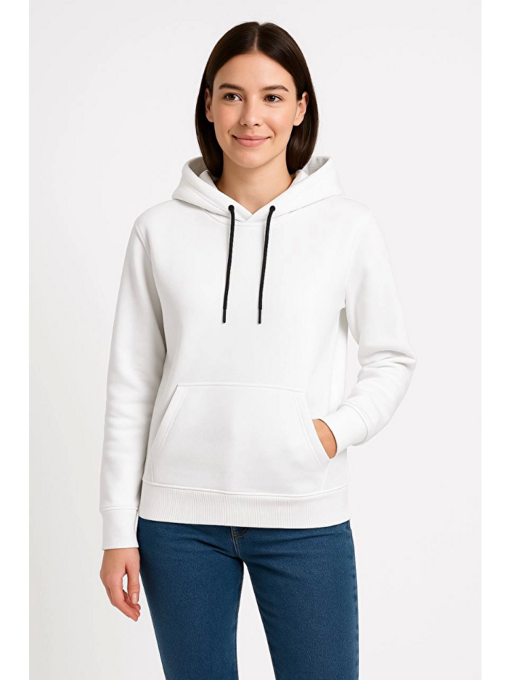Üç İplik Kapüşonlu Kanguru Çepli Sweatshirt Hoodie - Beyaz-3