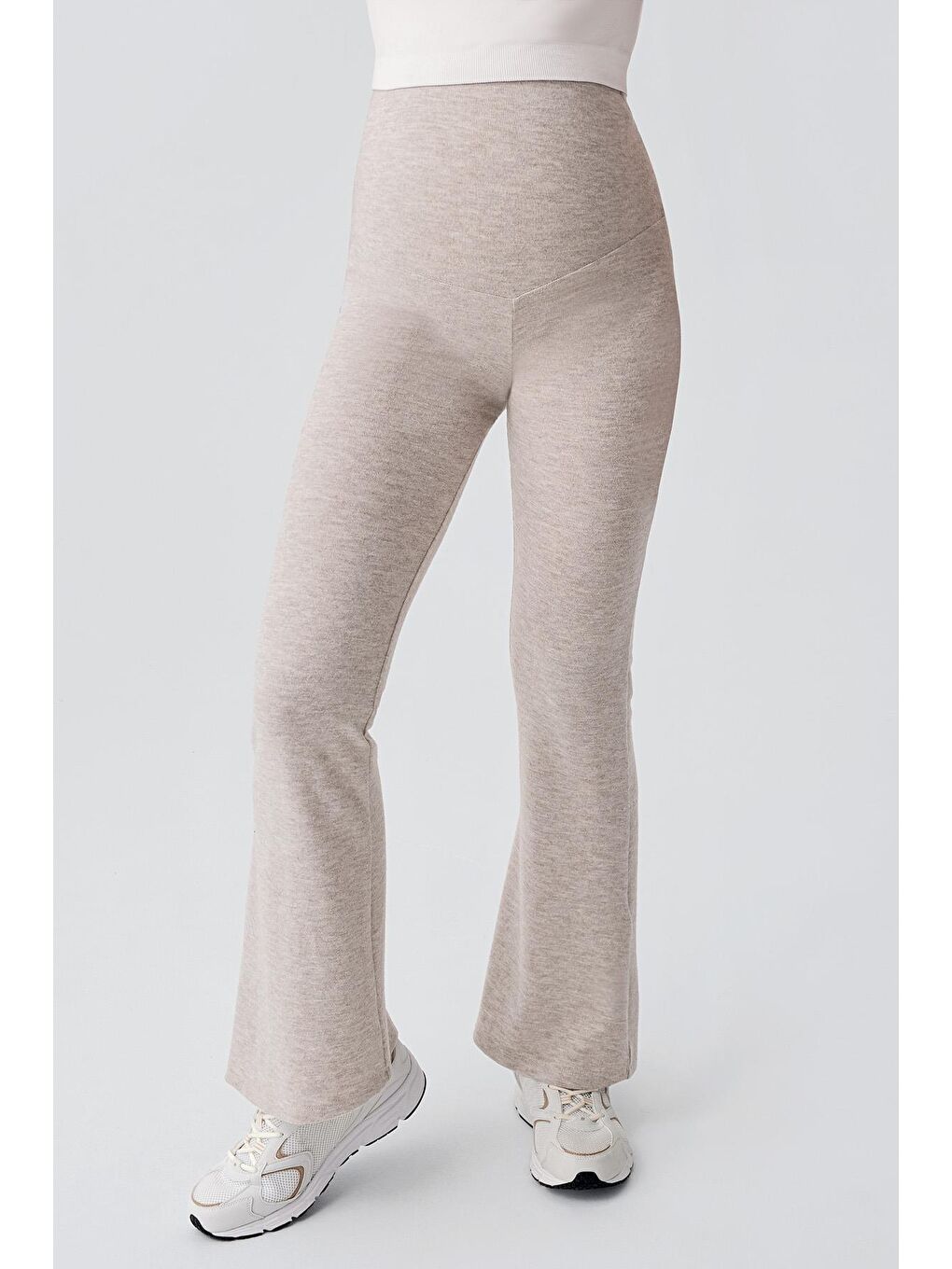 Bej Ayarlanabilir Y&#252;ksek Bel Esnek Yumuşak Dokulu Viskoz Karışımlı Hamile Pantolonu HP02-1