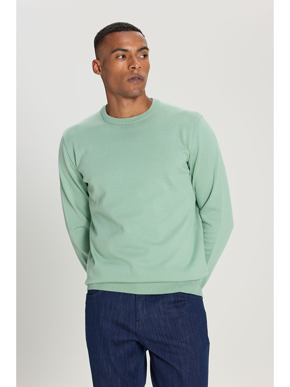 Erkek Su Yeşili Pamuklu Standart Fit Normal Kesim Bisiklet Yaka Triko Kazak-2