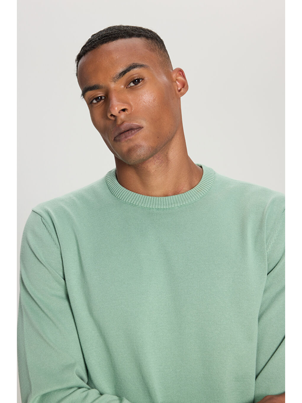 Erkek Su Yeşili Pamuklu Standart Fit Normal Kesim Bisiklet Yaka Triko Kazak-3