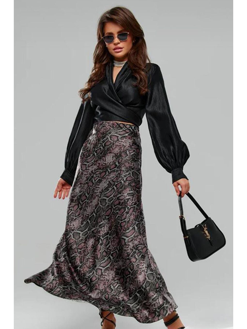 Lila Desenli Saten Kadın Uzun Etek Mg2333-7