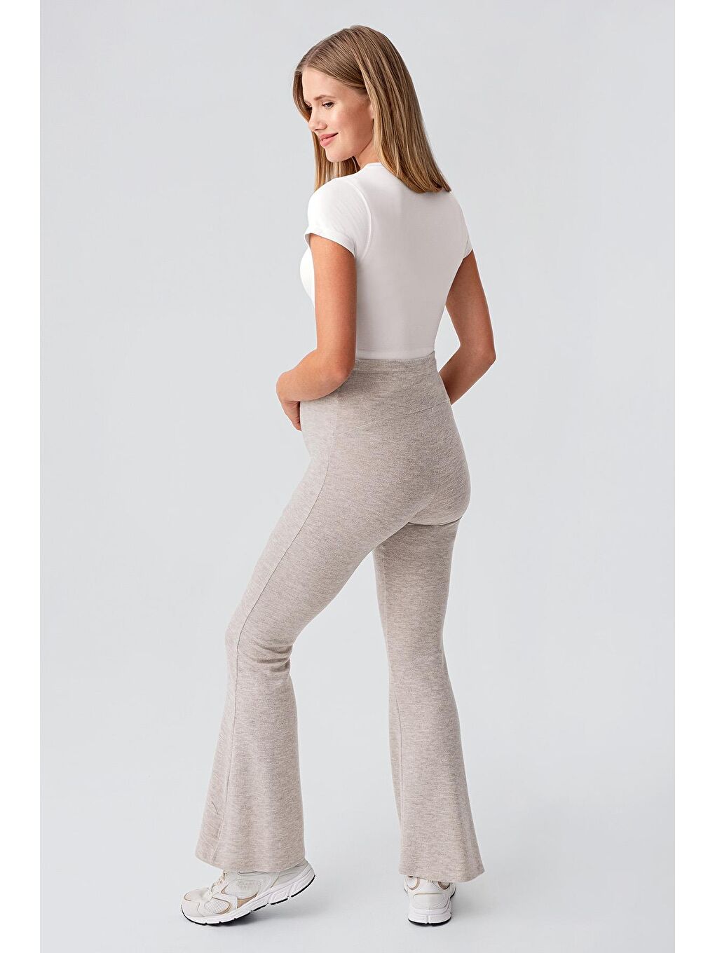 Bej Ayarlanabilir Y&#252;ksek Bel Esnek Yumuşak Dokulu Viskoz Karışımlı Hamile Pantolonu HP02-3