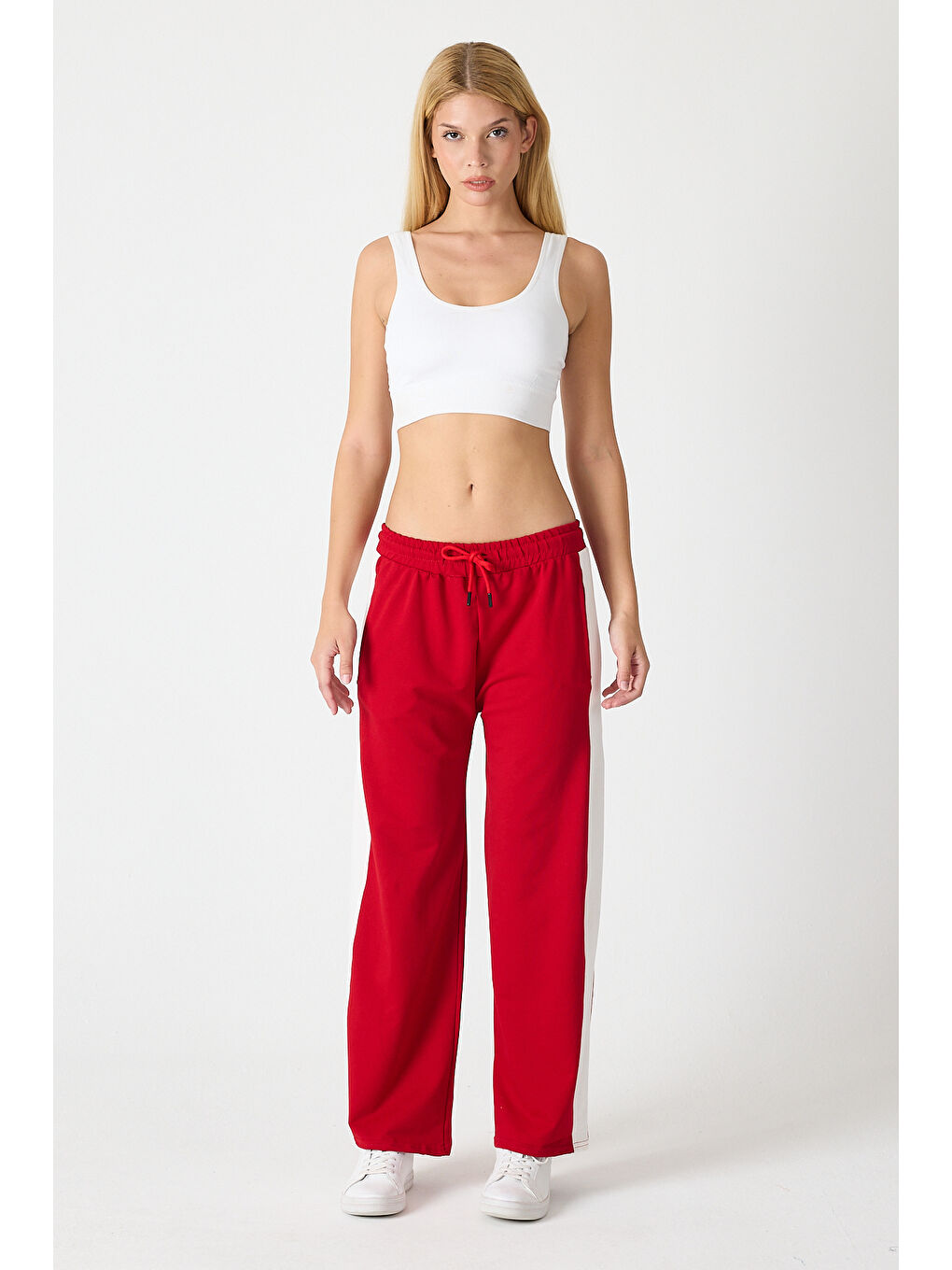 Kırmızı Kadın Yanı Şeritli Plazzo Pantolon 3000