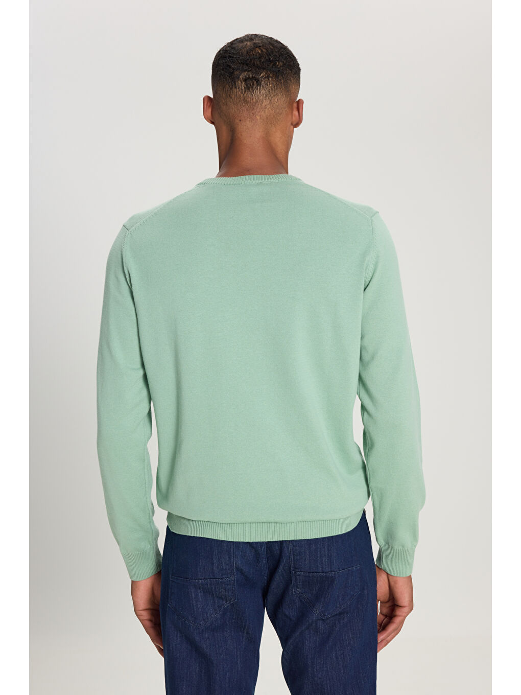 Erkek Su Yeşili Pamuklu Standart Fit Normal Kesim Bisiklet Yaka Triko Kazak-4