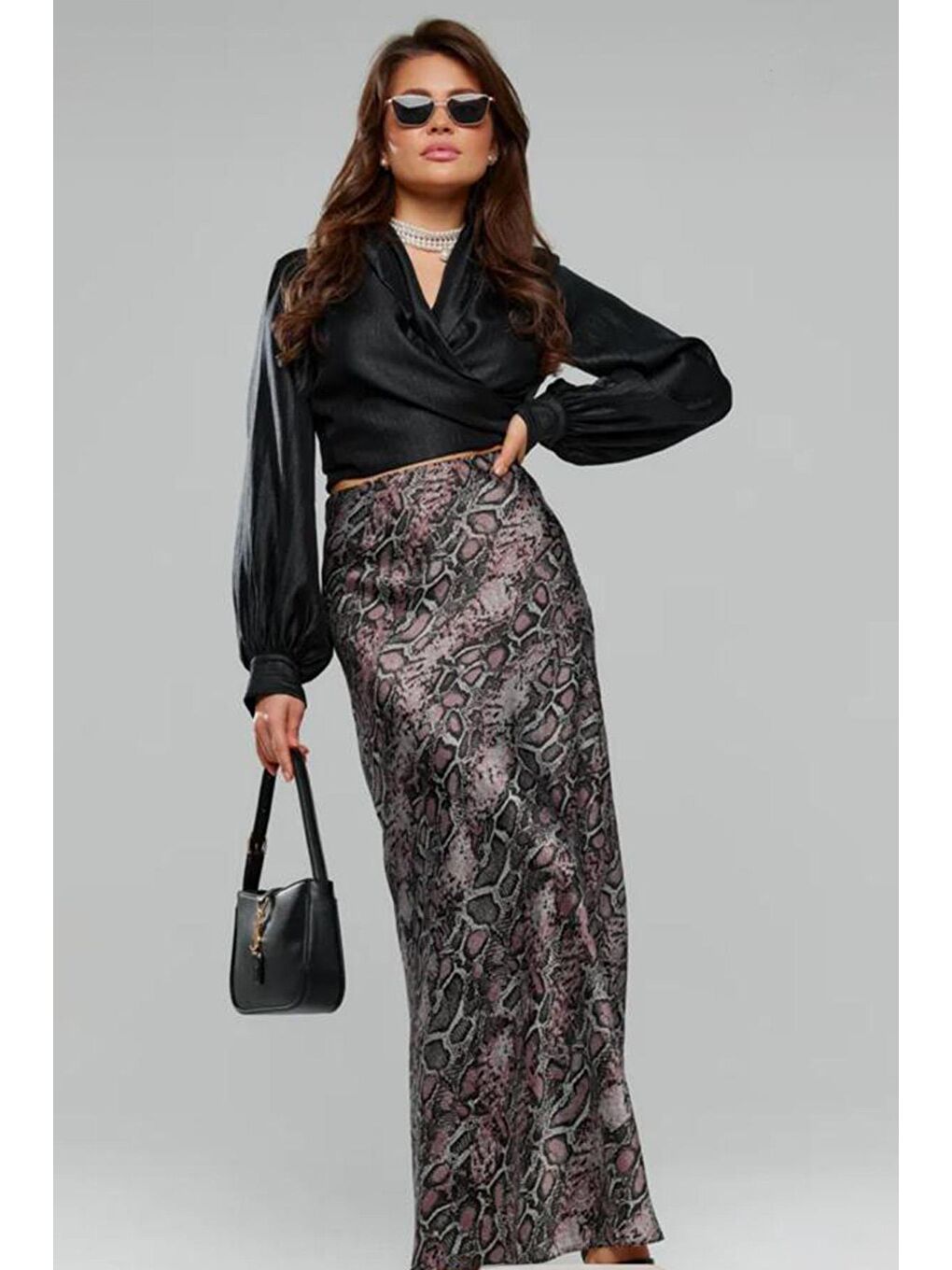 Lila Desenli Saten Kadın Uzun Etek Mg2333-8