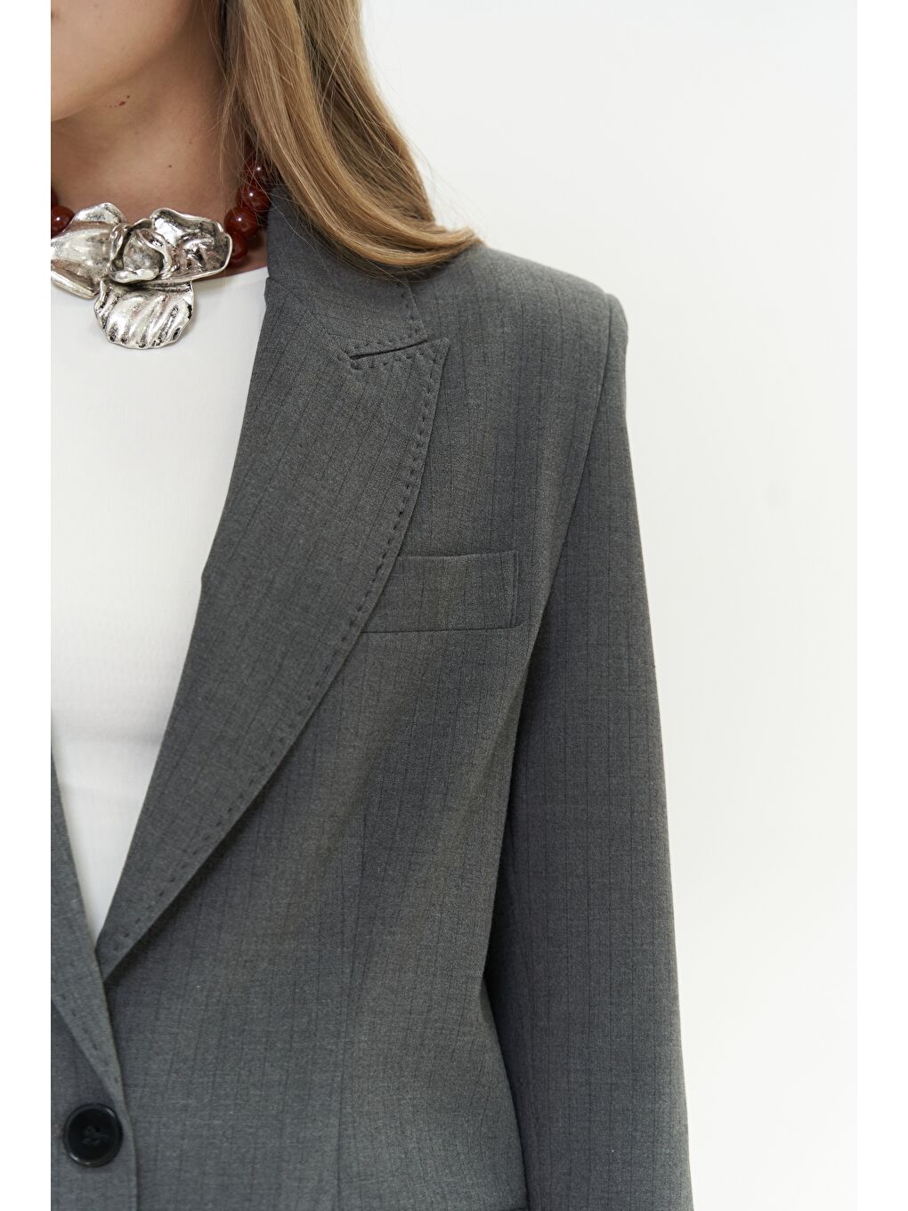 Gri Jessical Çizgili Füme Blazer-5