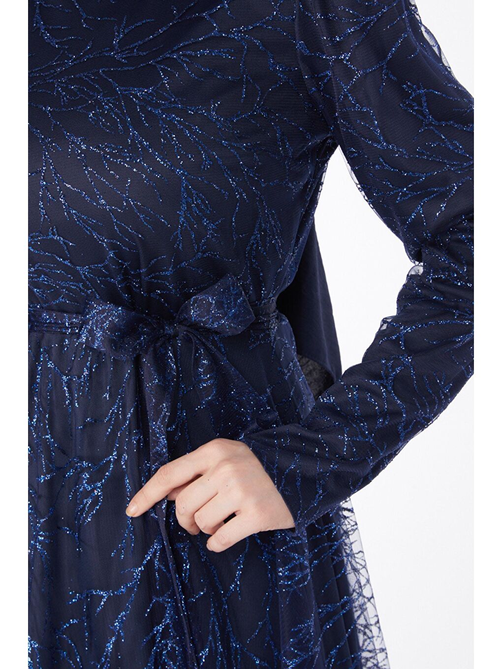 Düz Hakim Yaka Kadın Lacivert Işıltılı Simli Abiye Elbise - 24822-5