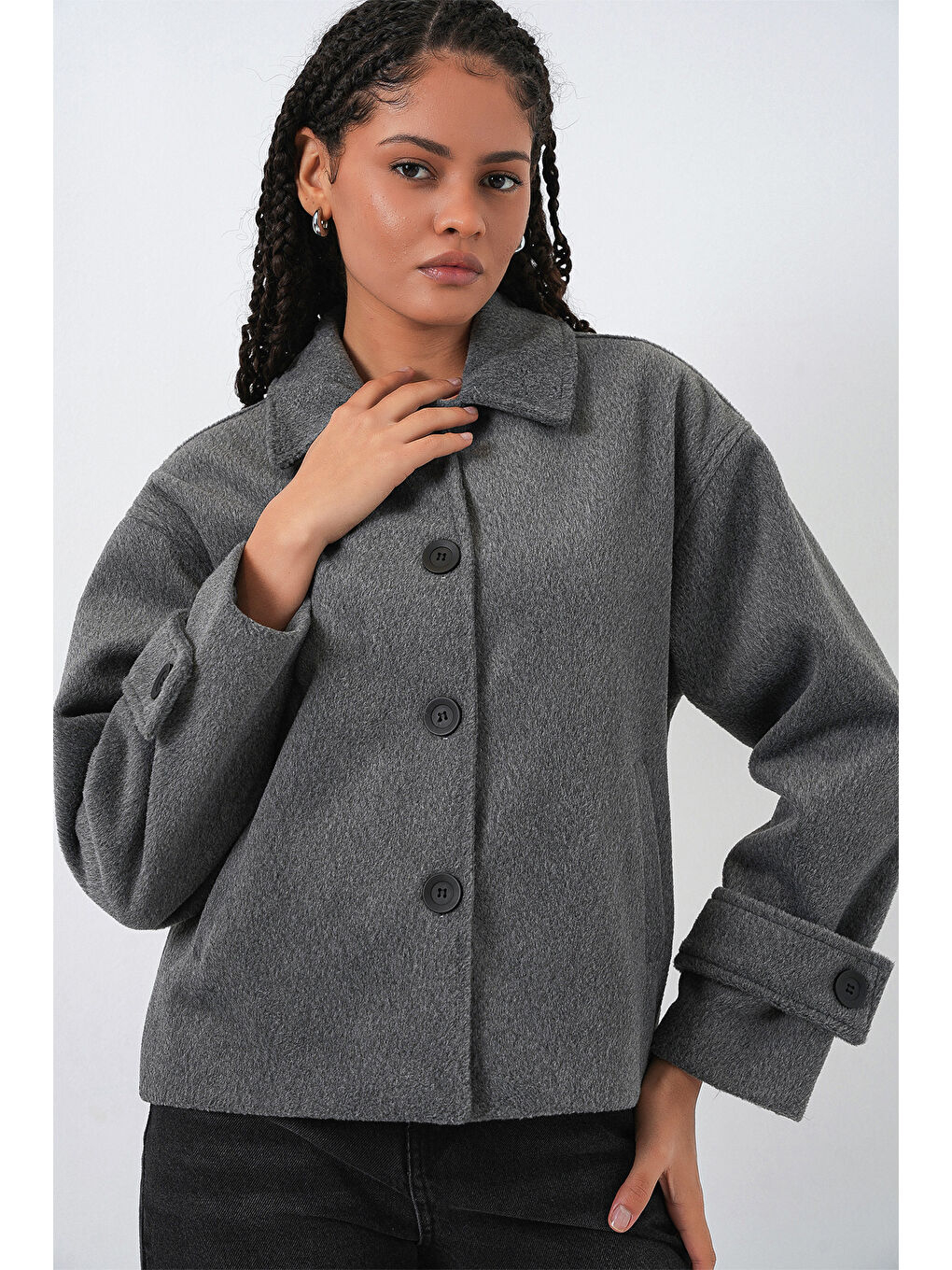 Kadın Kısa Kaşe Ceket 0724 - Antrasit-3