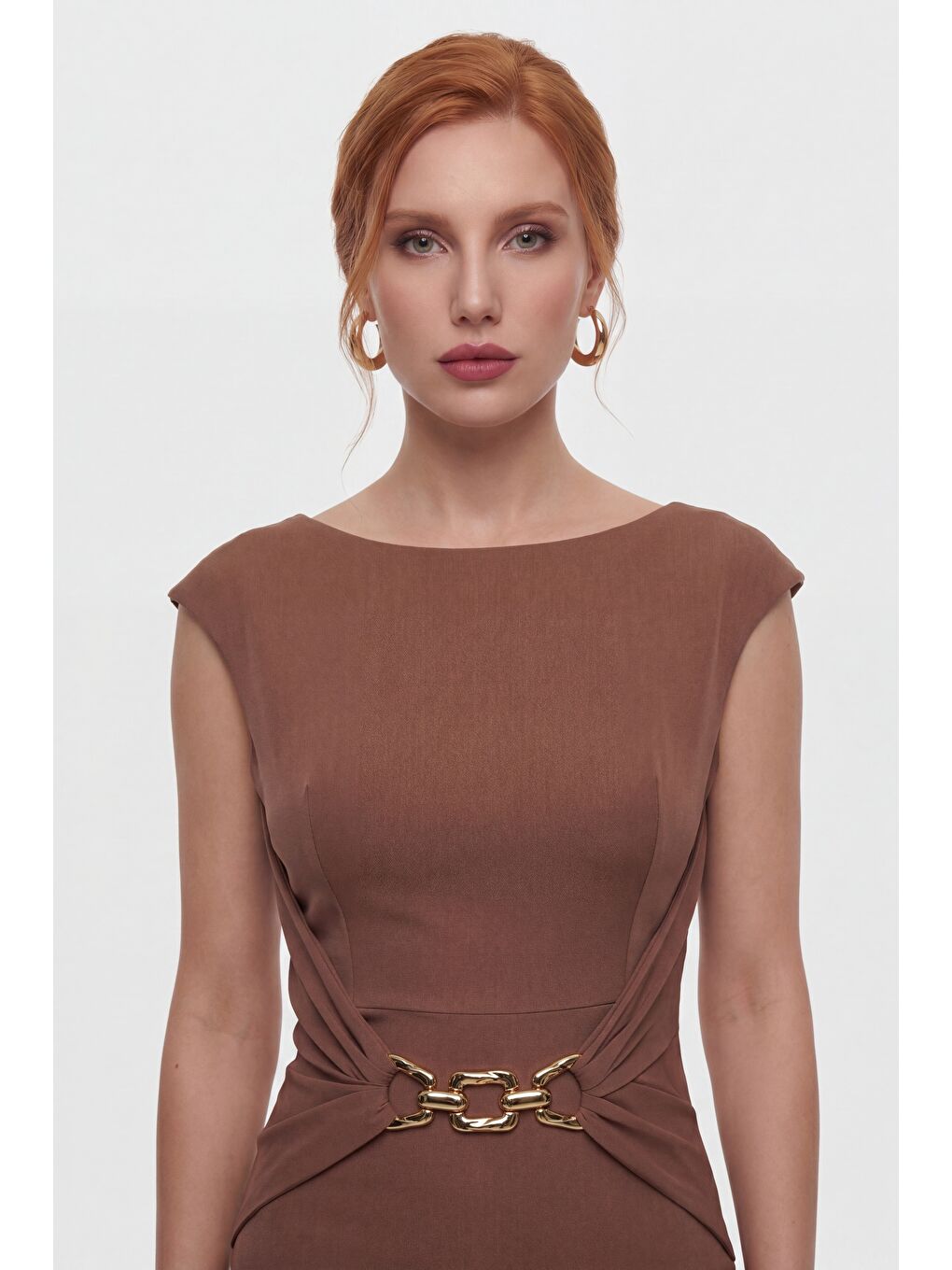 Kadın Kahverengi Bisiklet Yaka Aksesuar Detay Midi Davet Elbisesi-2