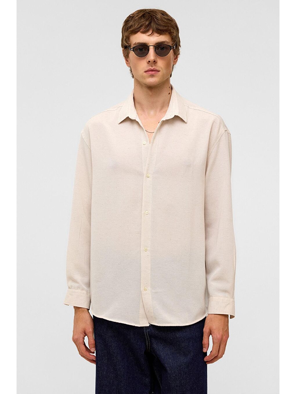 Bej Oversize Uzun Kollu Keten Gömlek Naturel-1