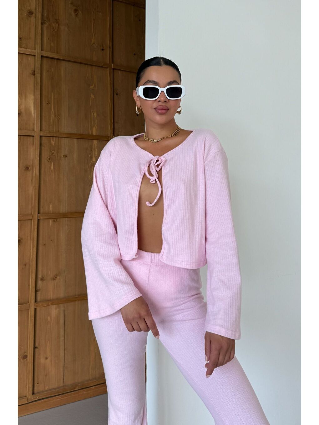 Kadın Pembe Önden Bağcık Detay Fitilli Crop Pantolon Takım-1