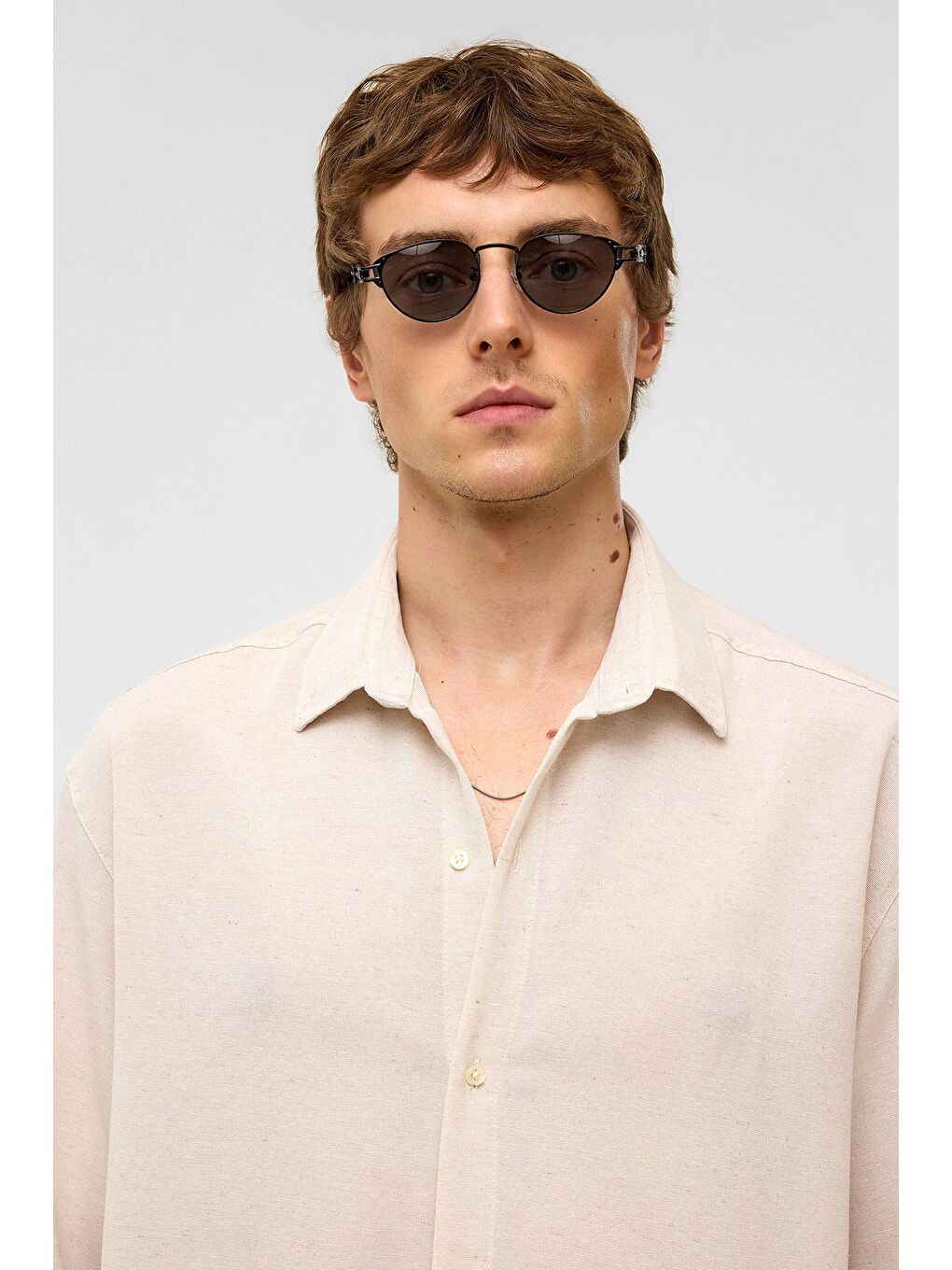 Bej Oversize Uzun Kollu Keten Gömlek Naturel-2