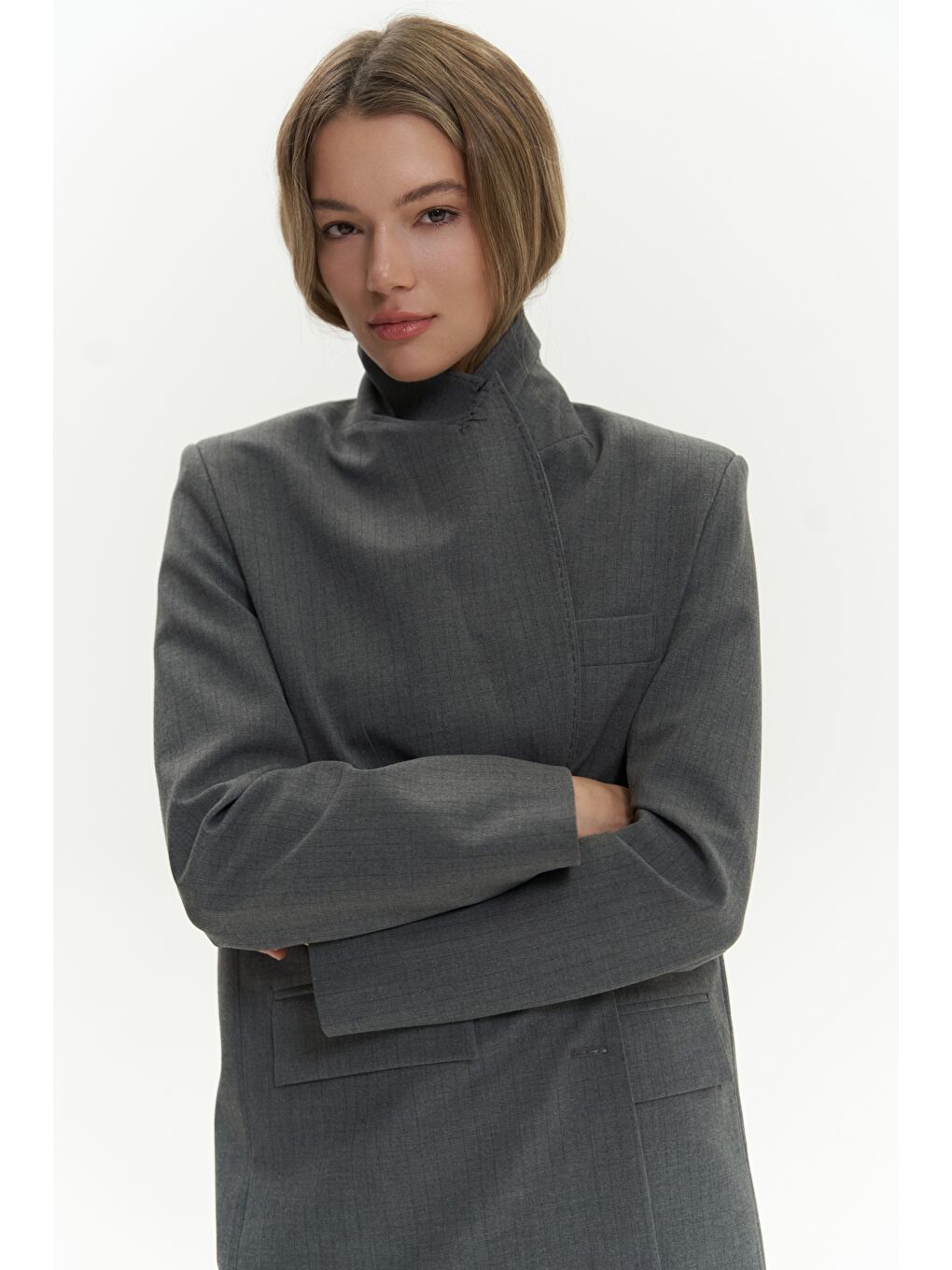 Gri Jessical Çizgili Füme Blazer-6