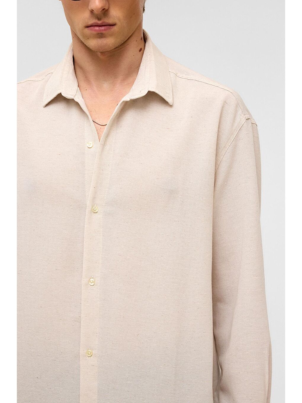 Bej Oversize Uzun Kollu Keten Gömlek Naturel-3