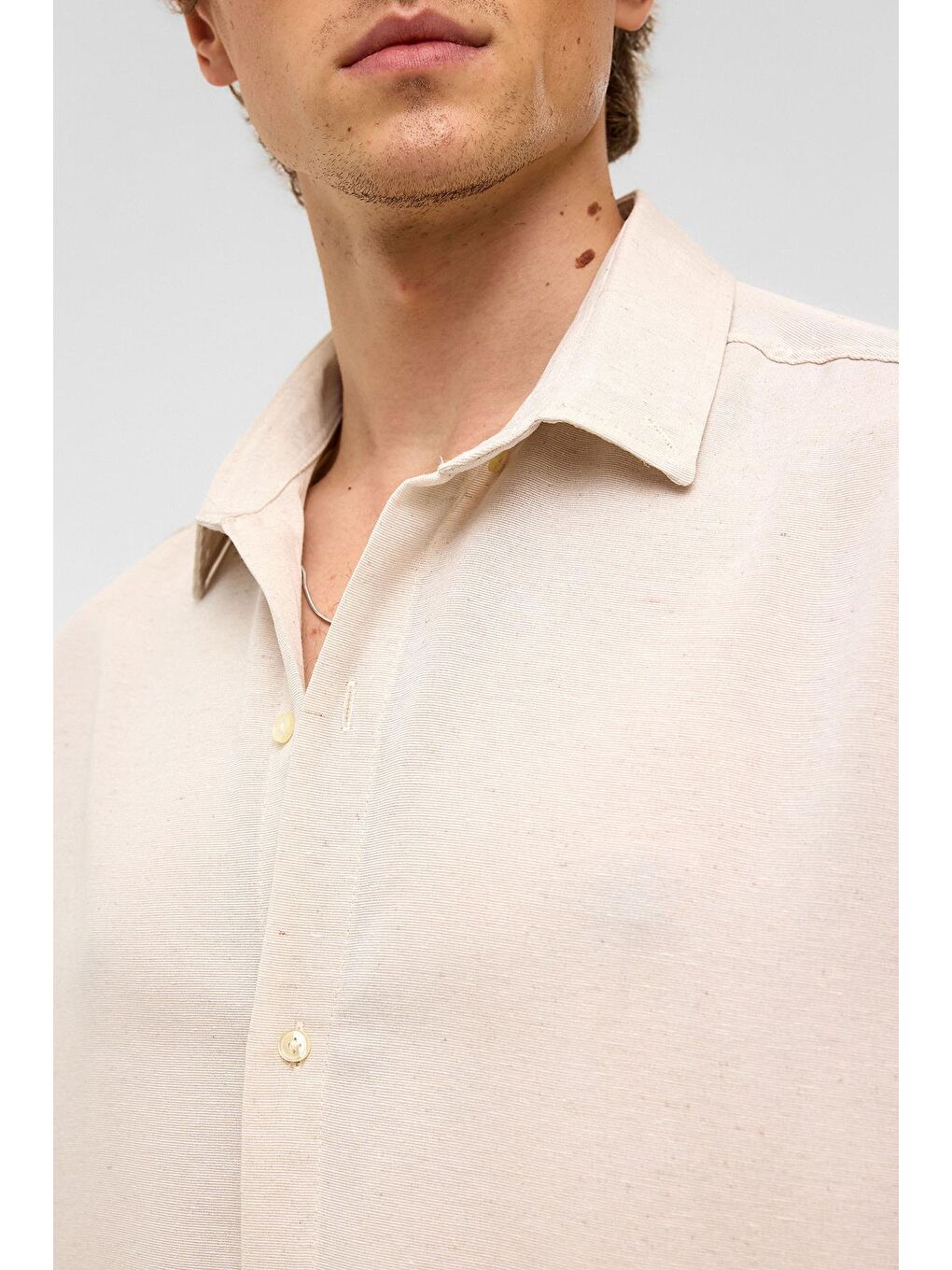 Bej Oversize Uzun Kollu Keten Gömlek Naturel-4