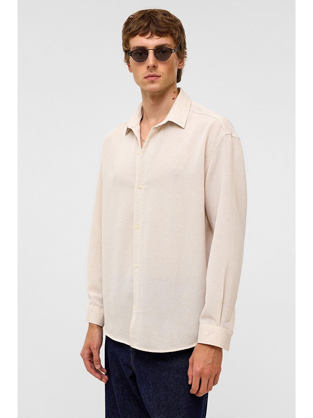 Bej Oversize Uzun Kollu Keten Gömlek Naturel-5