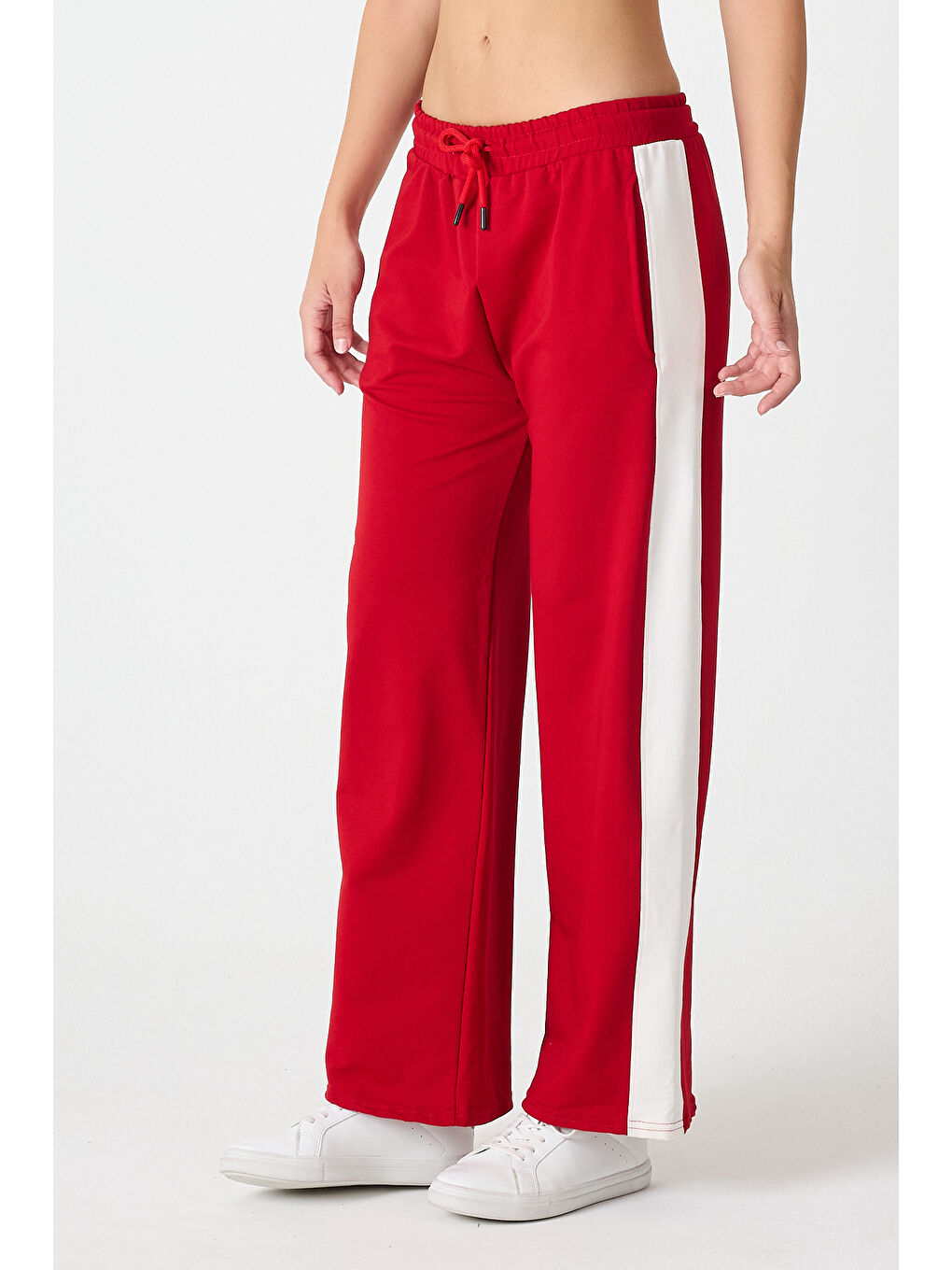 Kırmızı Kadın Yanı Şeritli Plazzo Pantolon 3000-2