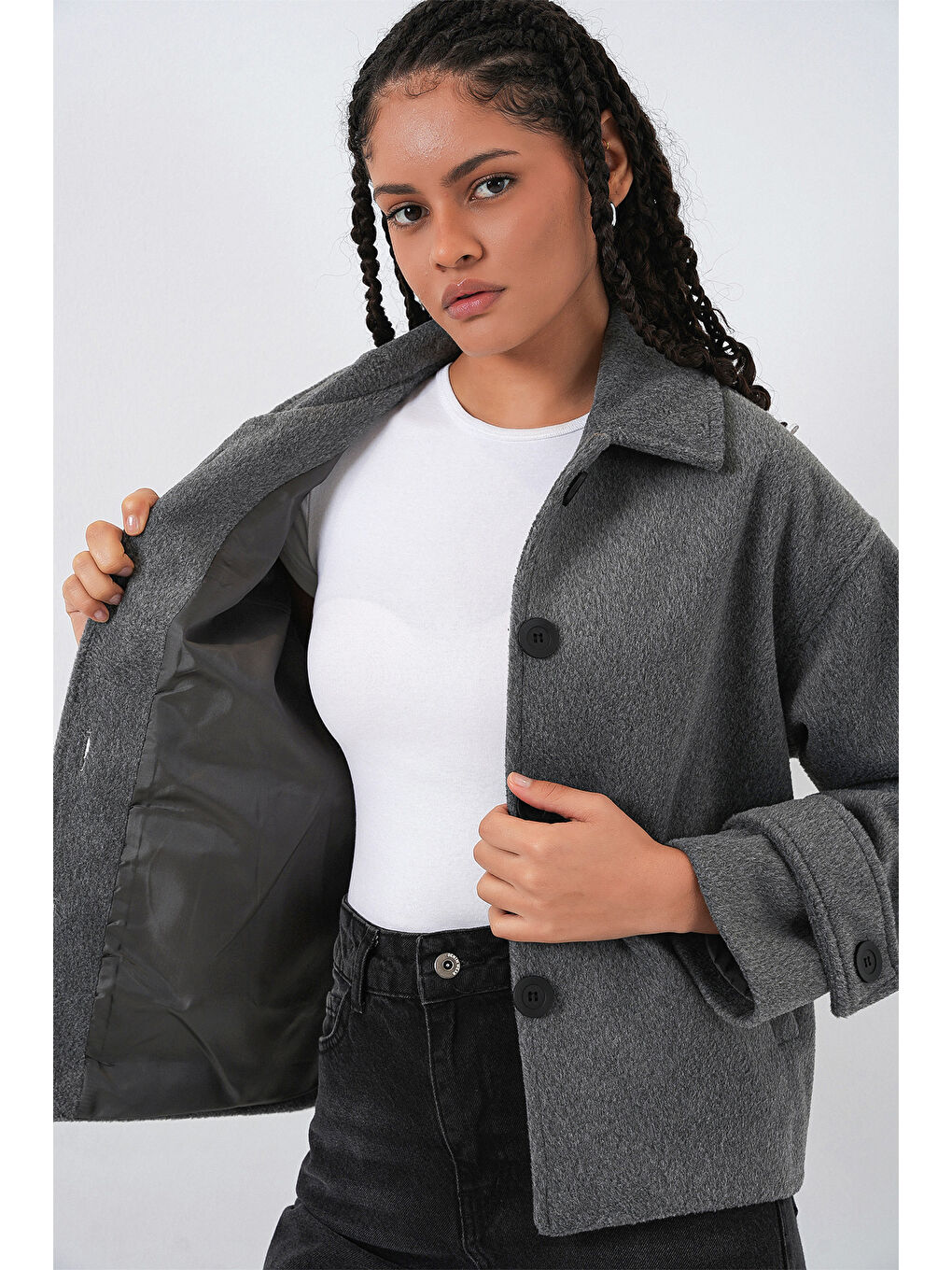 Kadın Kısa Kaşe Ceket 0724 - Antrasit-4