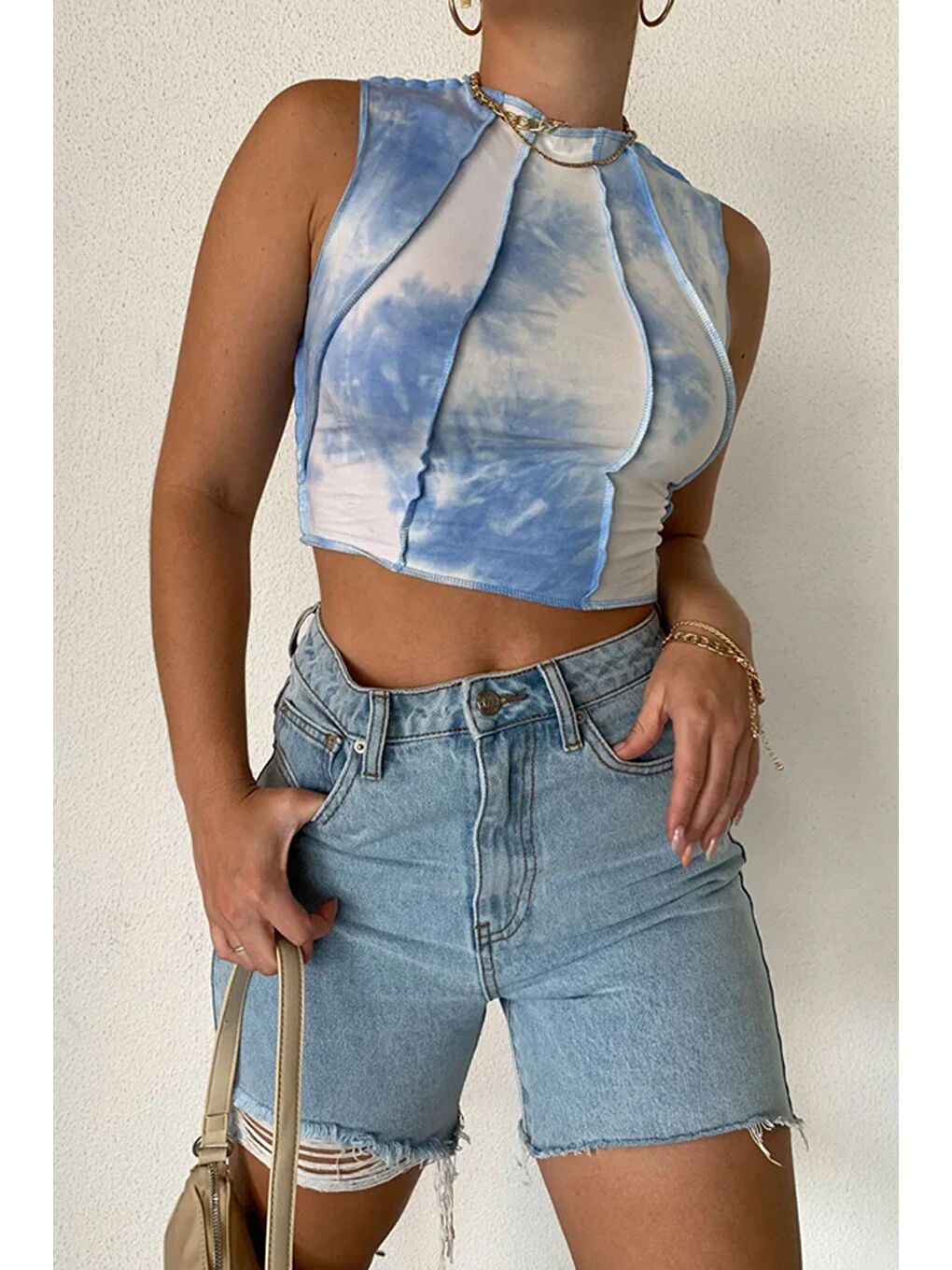 Açık Mavi Yırtık Detaylı Yüksek Bel Jean Şort Mg1749