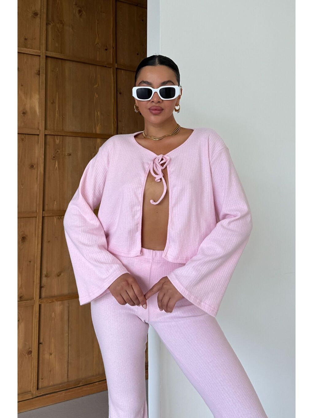 Kadın Pembe Önden Bağcık Detay Fitilli Crop Pantolon Takım-2