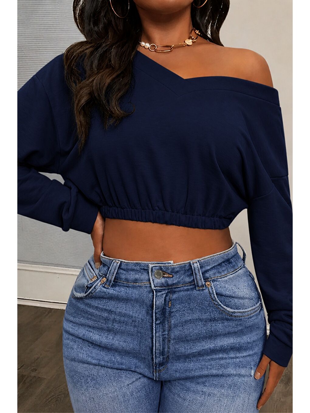Lacivert Kadın Omuz Dekolteli Lastikli Crop Sweatshirt %100 Pamuk