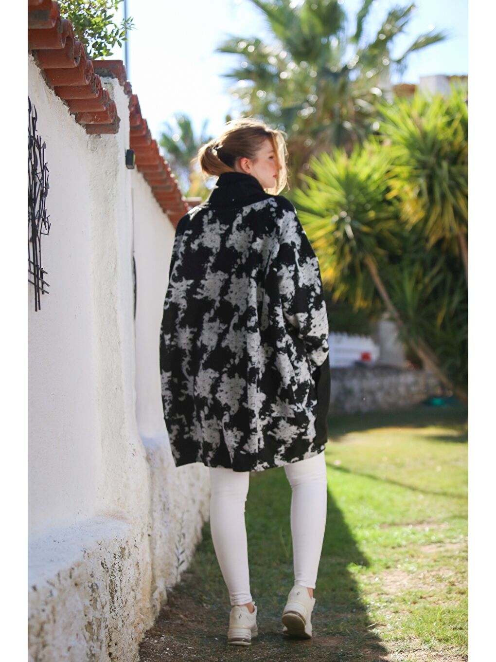 İtalyan Siyah-Gri Şal Yaka Uzun Kol Desenli Kapamasız Cepli Kaşe Oversize Dokuma Kaban 100 80-1