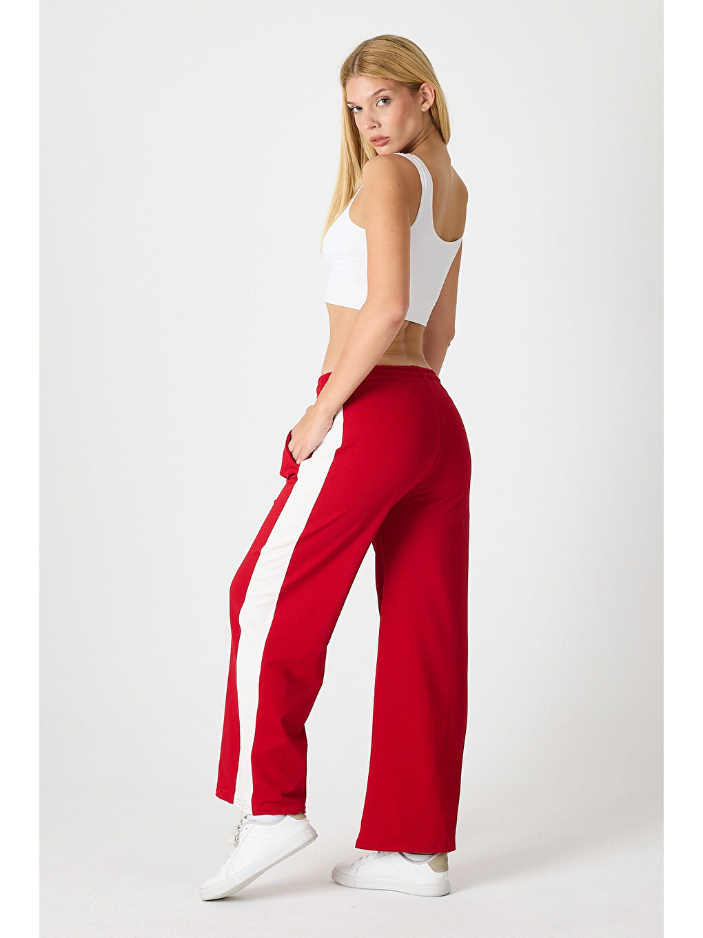 Kırmızı Kadın Yanı Şeritli Plazzo Pantolon 3000-4