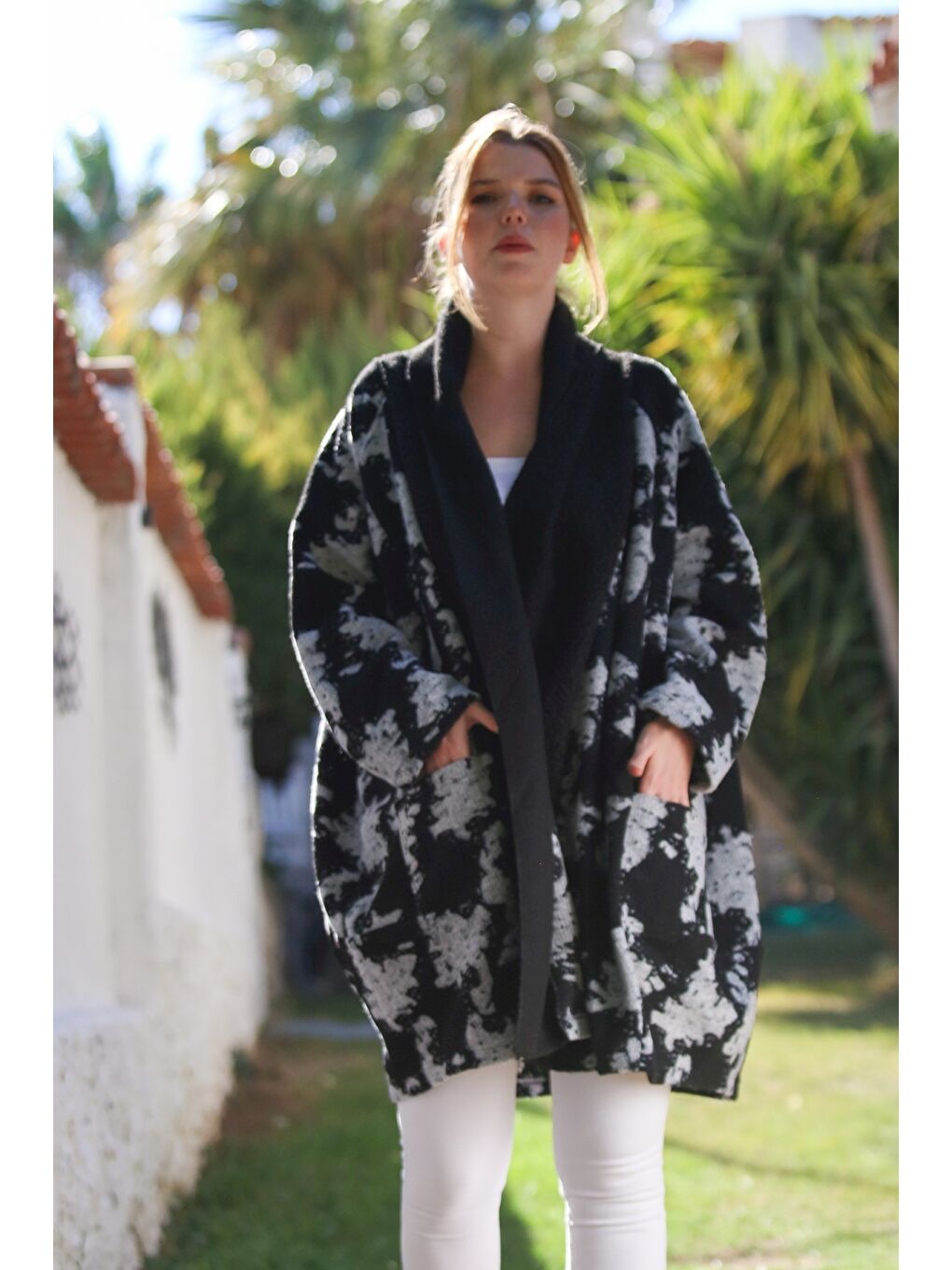 İtalyan Siyah-Gri Şal Yaka Uzun Kol Desenli Kapamasız Cepli Kaşe Oversize Dokuma Kaban 100 80-2