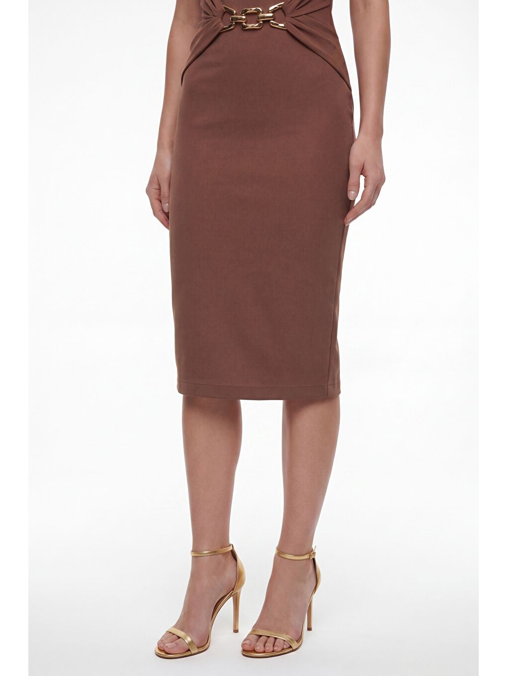 Kadın Kahverengi Bisiklet Yaka Aksesuar Detay Midi Davet Elbisesi-3