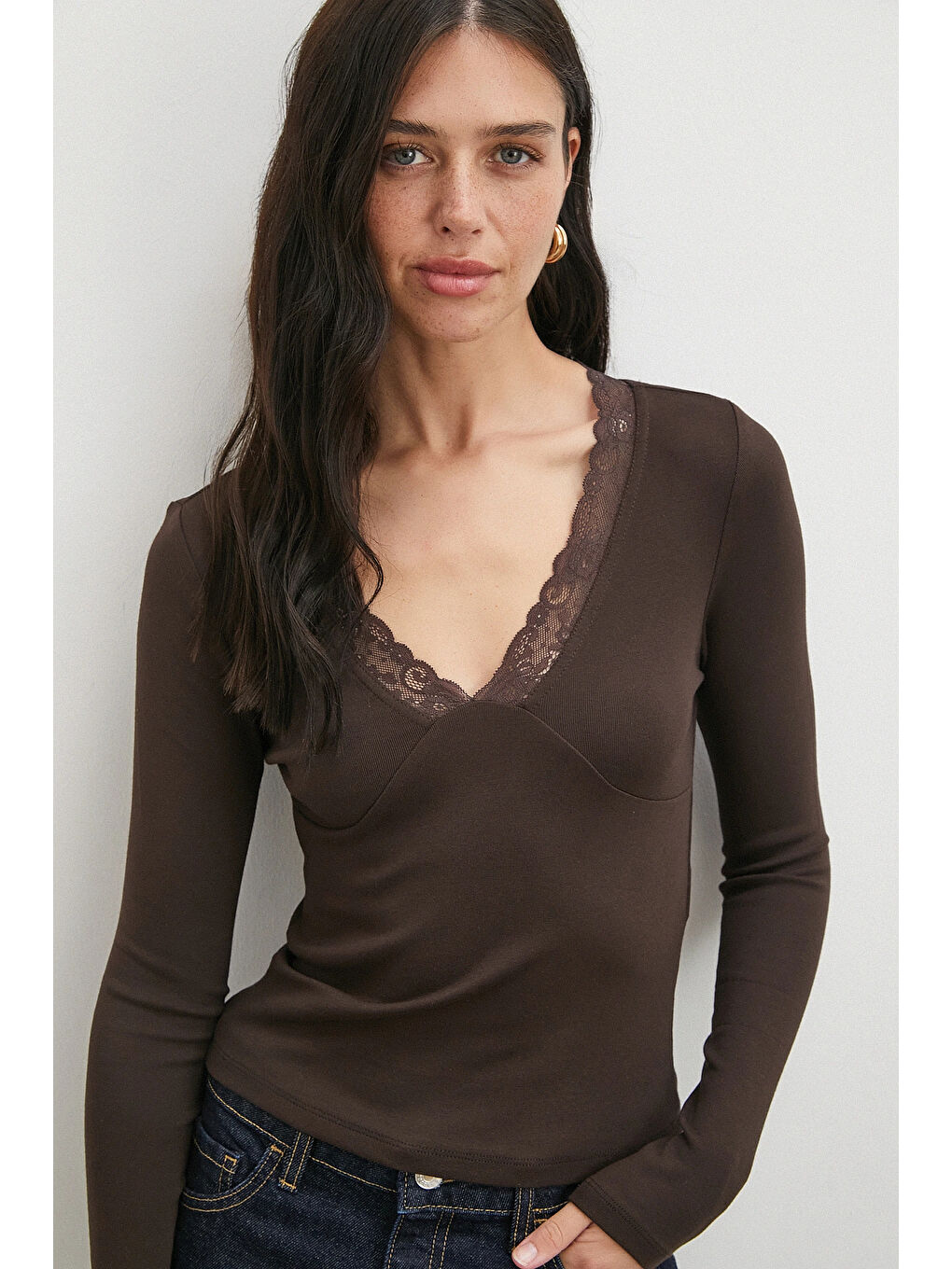 Karışık Yakası Dantelli Bluz Kahve-2