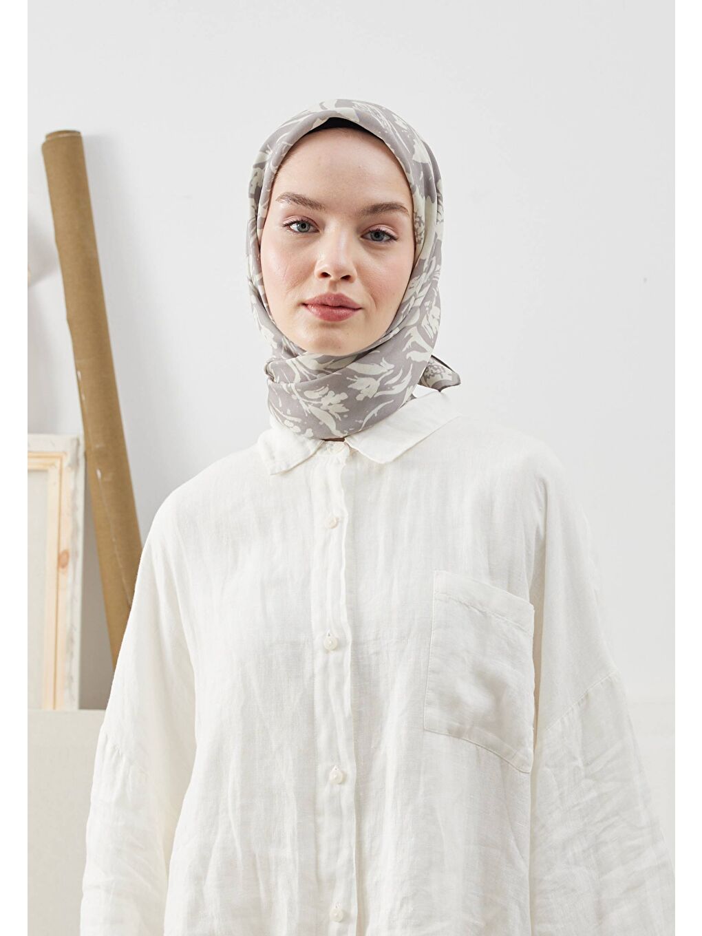 Gri Vıolet Desen Pamuk İpek Eşarp Füme-1