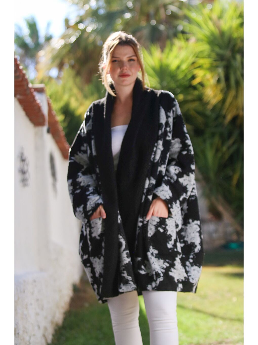 İtalyan Siyah-Gri Şal Yaka Uzun Kol Desenli Kapamasız Cepli Kaşe Oversize Dokuma Kaban 100 80-3