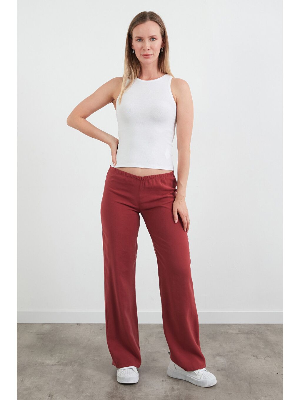 Bordo Beli Lastikli Düşük Bel Modal Palazzo Pantolon