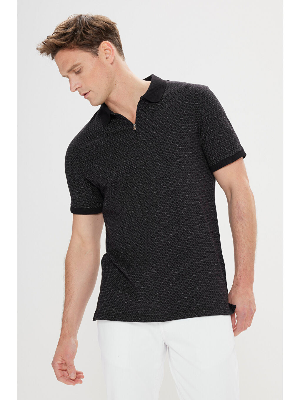 Erkek Siyah Slim Fit Dar Kesim %100 Pamuk Baskılı Polo Yaka Tişört-2