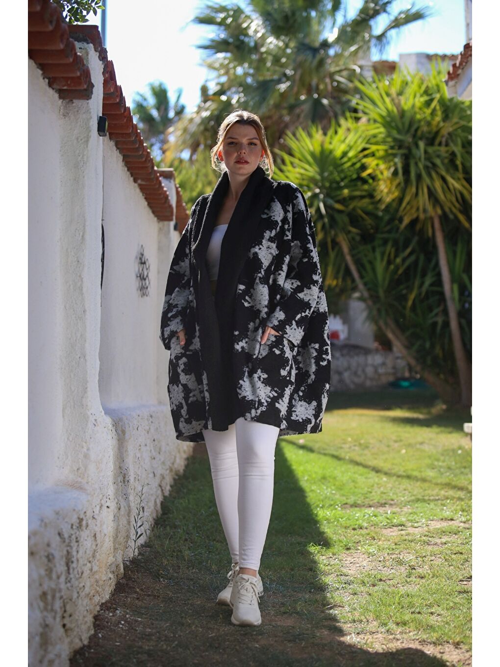 İtalyan Siyah-Gri Şal Yaka Uzun Kol Desenli Kapamasız Cepli Kaşe Oversize Dokuma Kaban 100 80-4